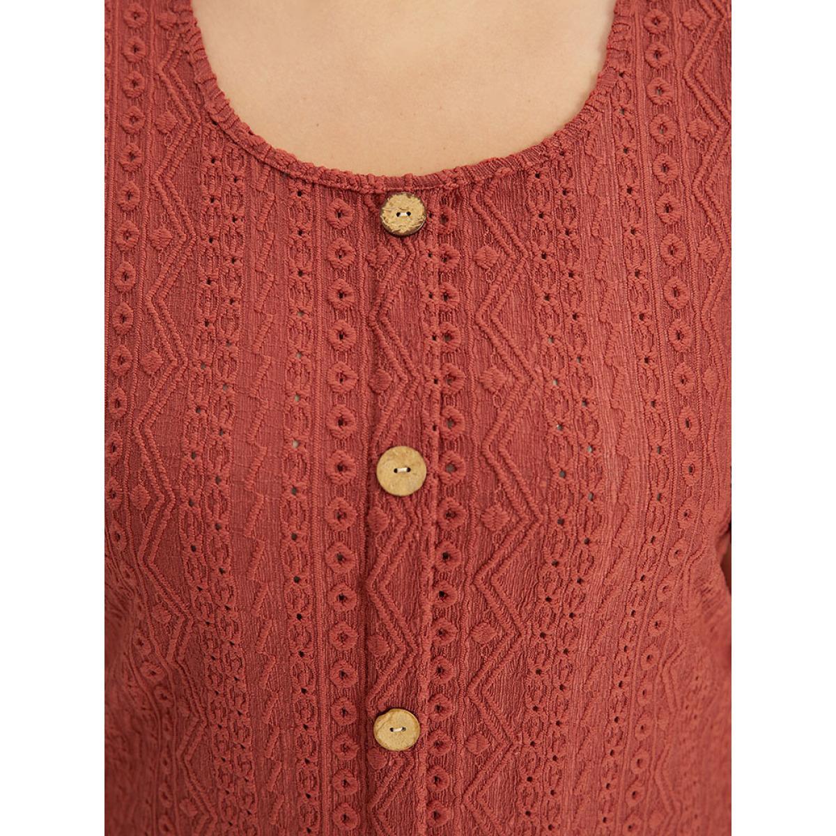 Plus Size Embroidered Button Detail Crew Neck Flutter Sleeve T-shirt Rust Women Elegant Texture Plain Round Neck Dailywear T-shirts BloomChic 26/4X Product Image