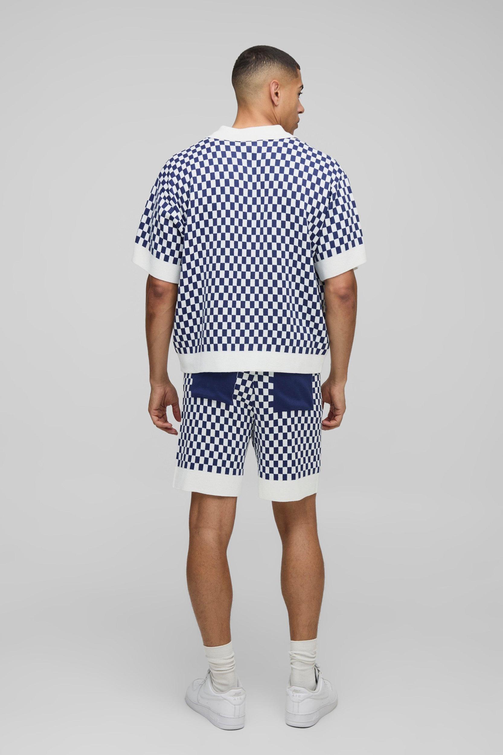 MAN Oversized Boxy Jacquard Plaid Knitted Polo & Relaxed Short Set | boohooMAN USA Product Image
