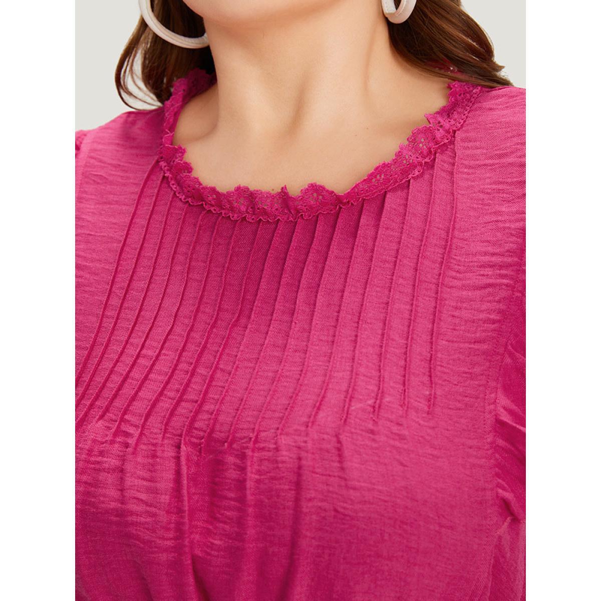 Plus Size Solid Pocket Lace Insert Pleated Flutter Sleeve Dress RedViolet Women Office Gathered Round Neck Sleeveless Curvy Knee Dress BloomChic 30/6X Product Image