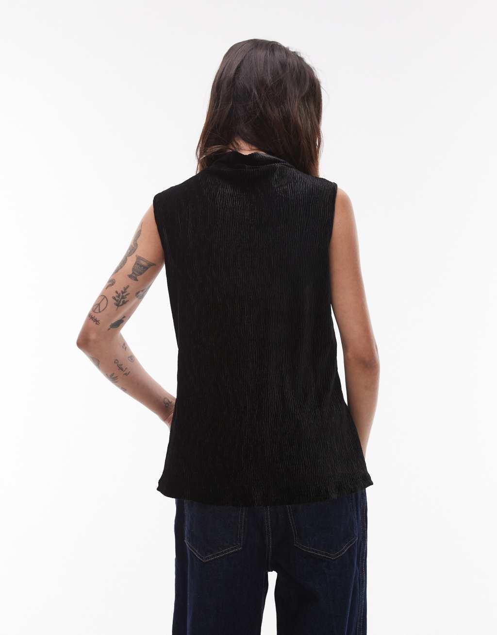 Mango plisse high neck sleeveless top in black Product Image