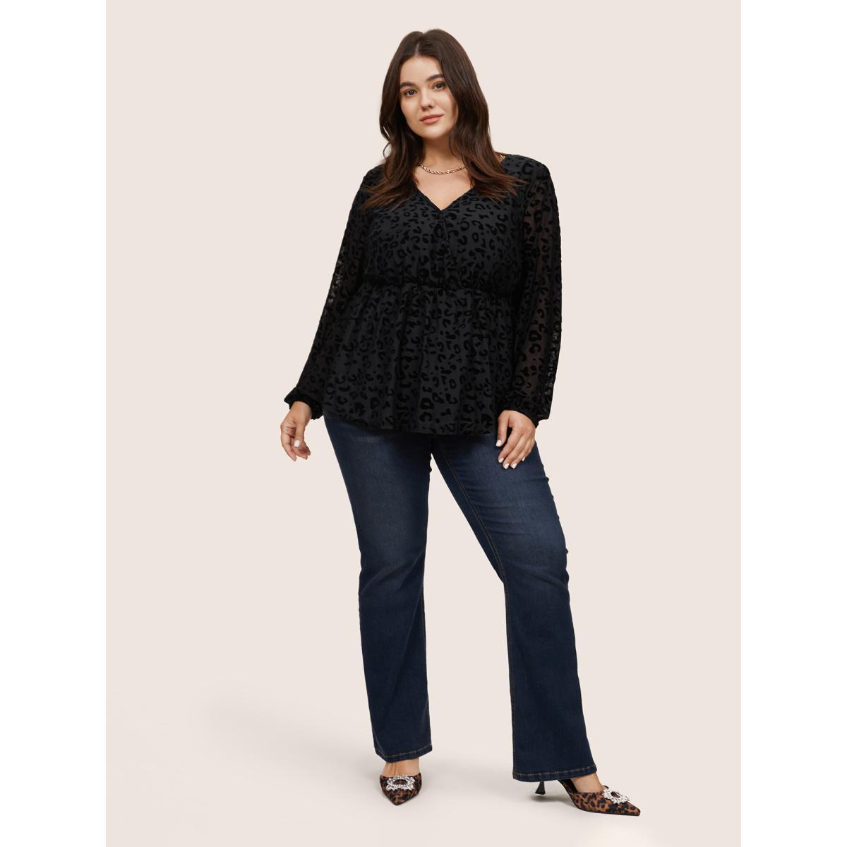 Plus Size Black Leopard Flocking Mesh Patchwork Wrap Blouse Women Glamour Long Sleeve V-neck Going out Blouses BloomChic 28/5X Product Image