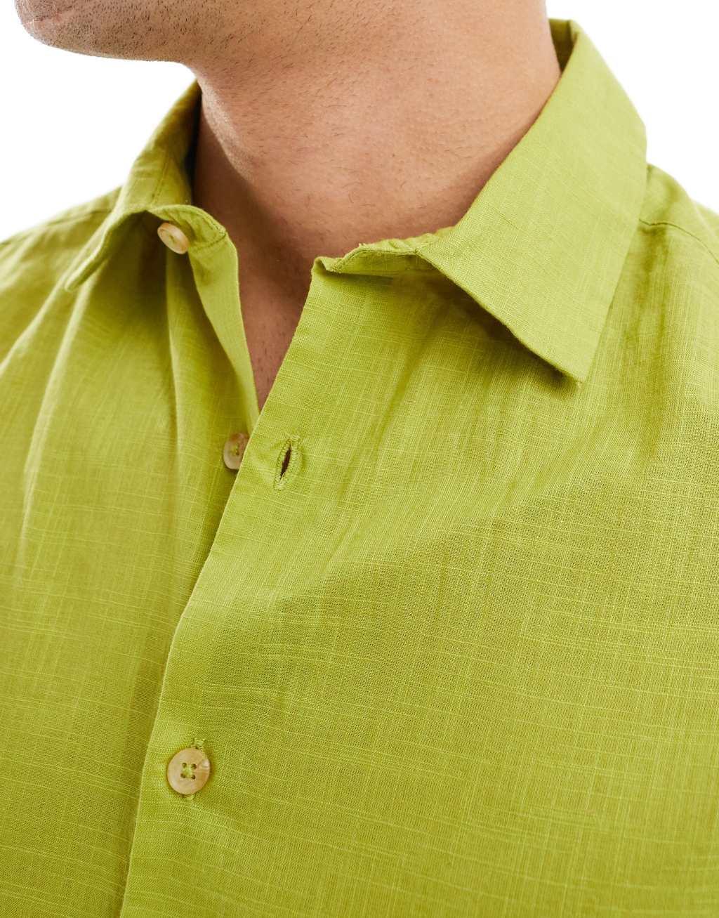 ASOS DESIGN relaxed linen look shirt in olive green Product Image