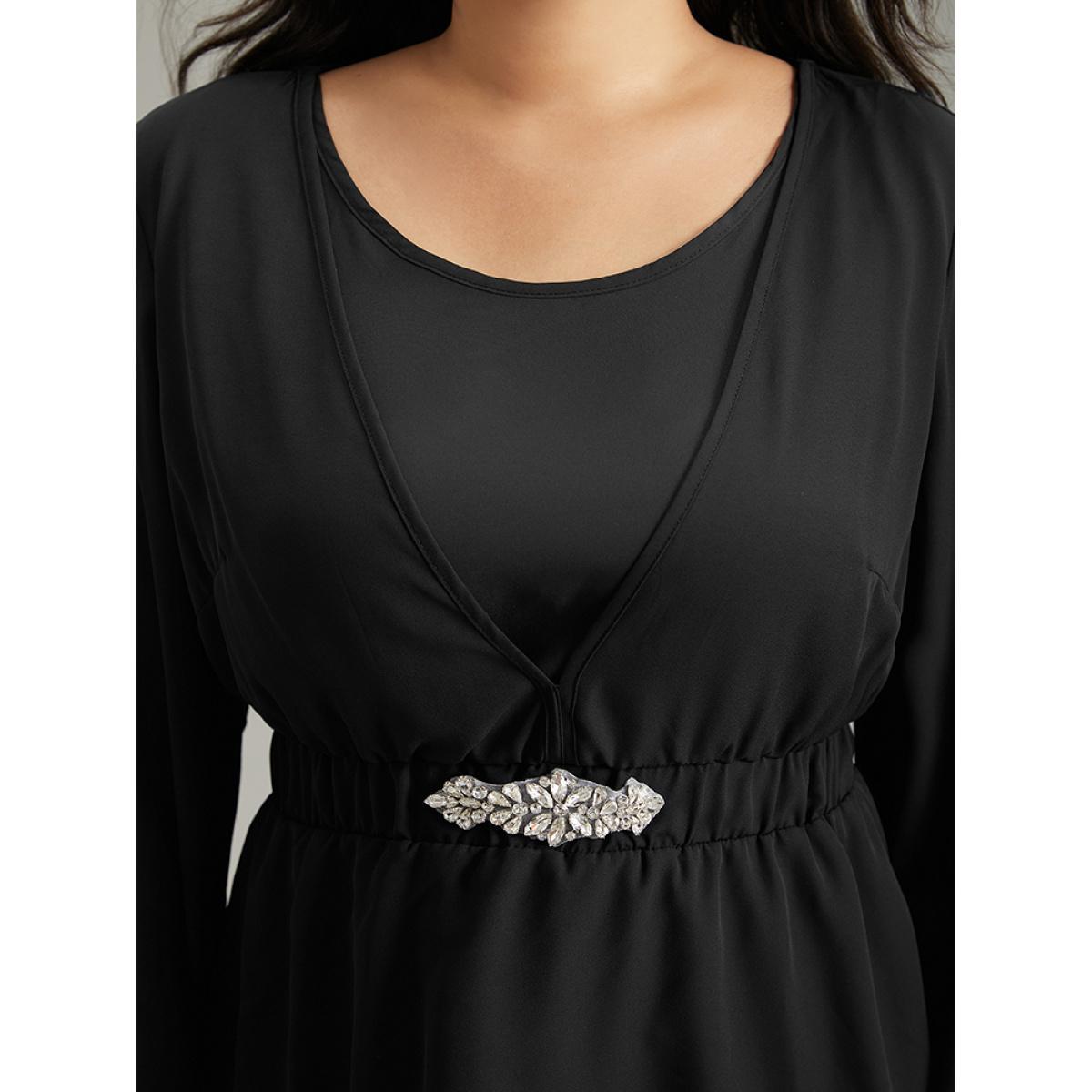 Plus Size Black Solid Chiffon Rhinestone Bell Sleeve Blouse Women Glamour Elbow-length sleeve V-neck Festival-Halloween Blouses BloomChic 14-16/1X Product Image