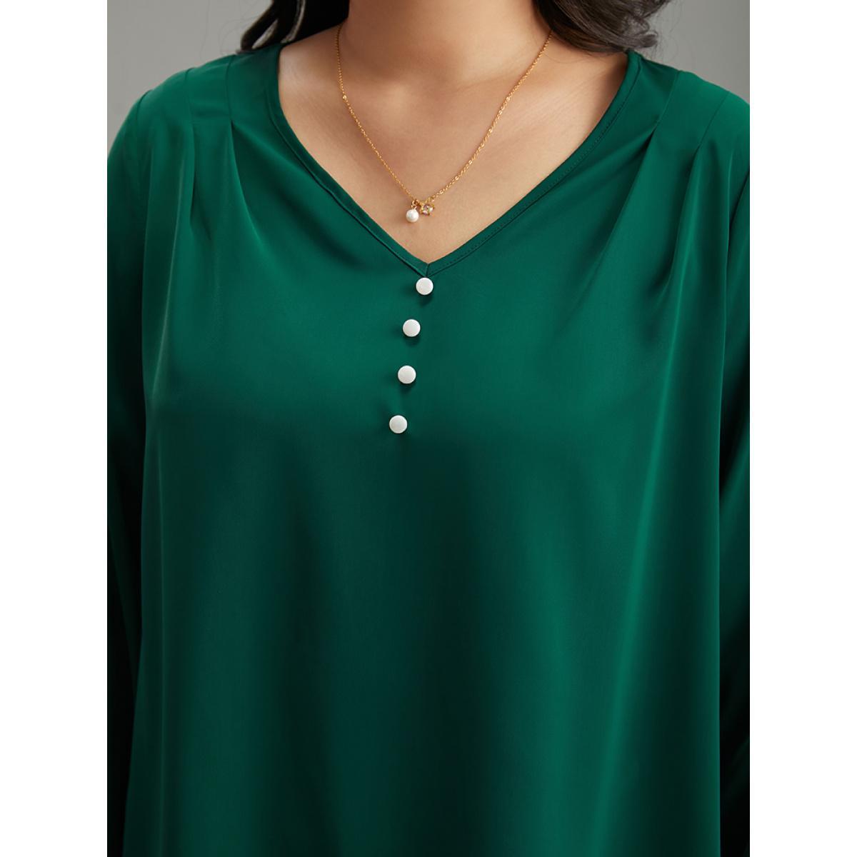 Plus Size DarkGreen Static-Free Button Detail Pleated Blouse Women Office Long Sleeve V-neck Work Blouses BloomChic 30/6X Product Image