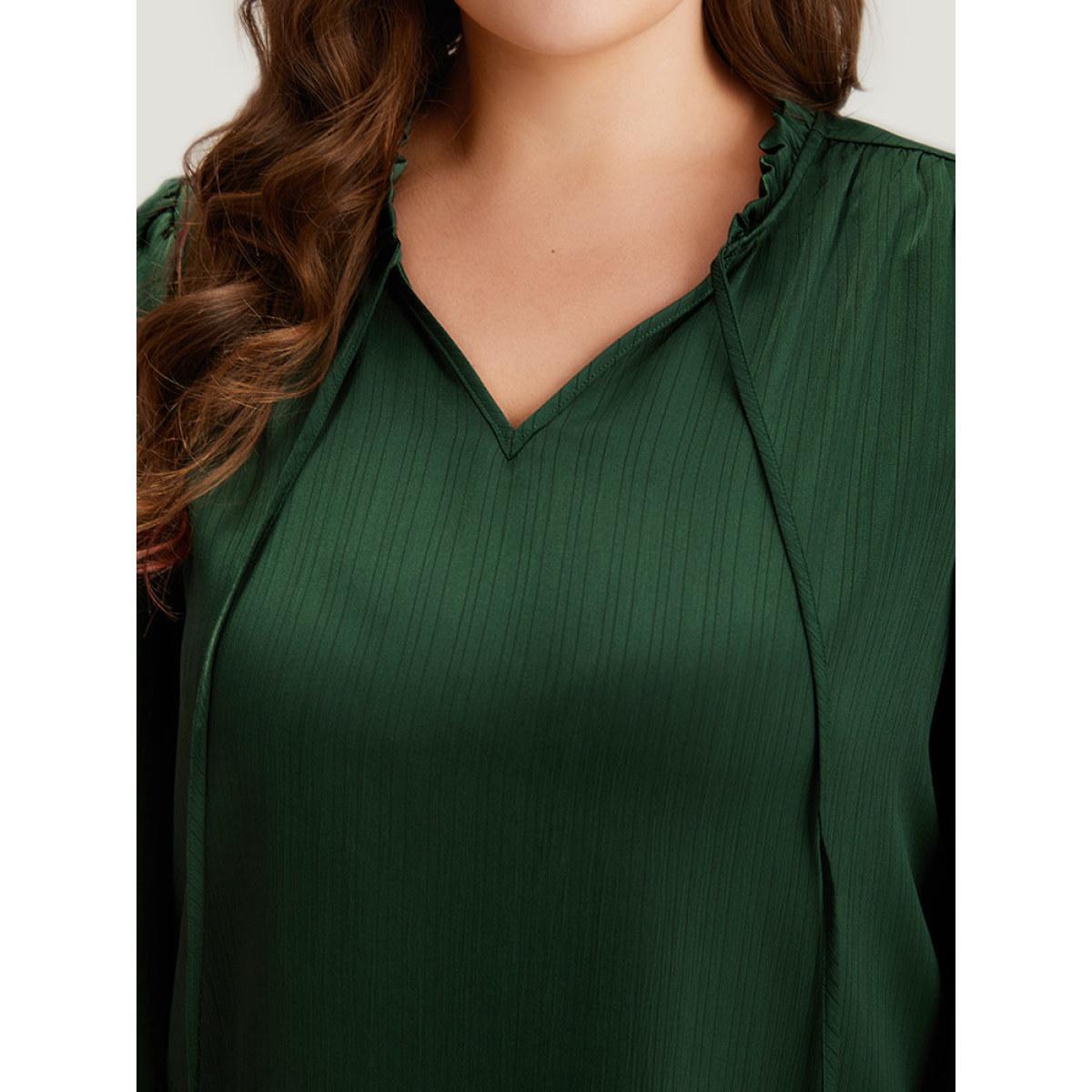Plus Size DarkGreen Anti-Wrinkle Solid Knot Neck Gathered Lantern Sleeve Blouse Women Office Long Sleeve Tie Neck Work Blouses BloomChic 12/L Product Image