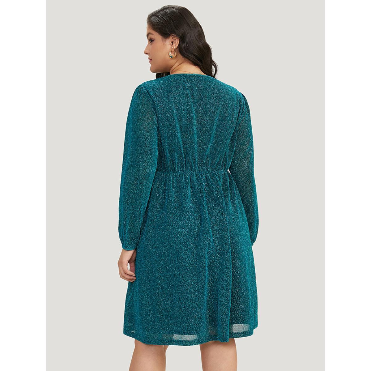 Plus Size Glitter Overlap Collar Pocket Ruched Dress Teal Women Elegant Elastic cuffs V-neck Long Sleeve Curvy Midi Dress BloomChic 28/5X Product Image