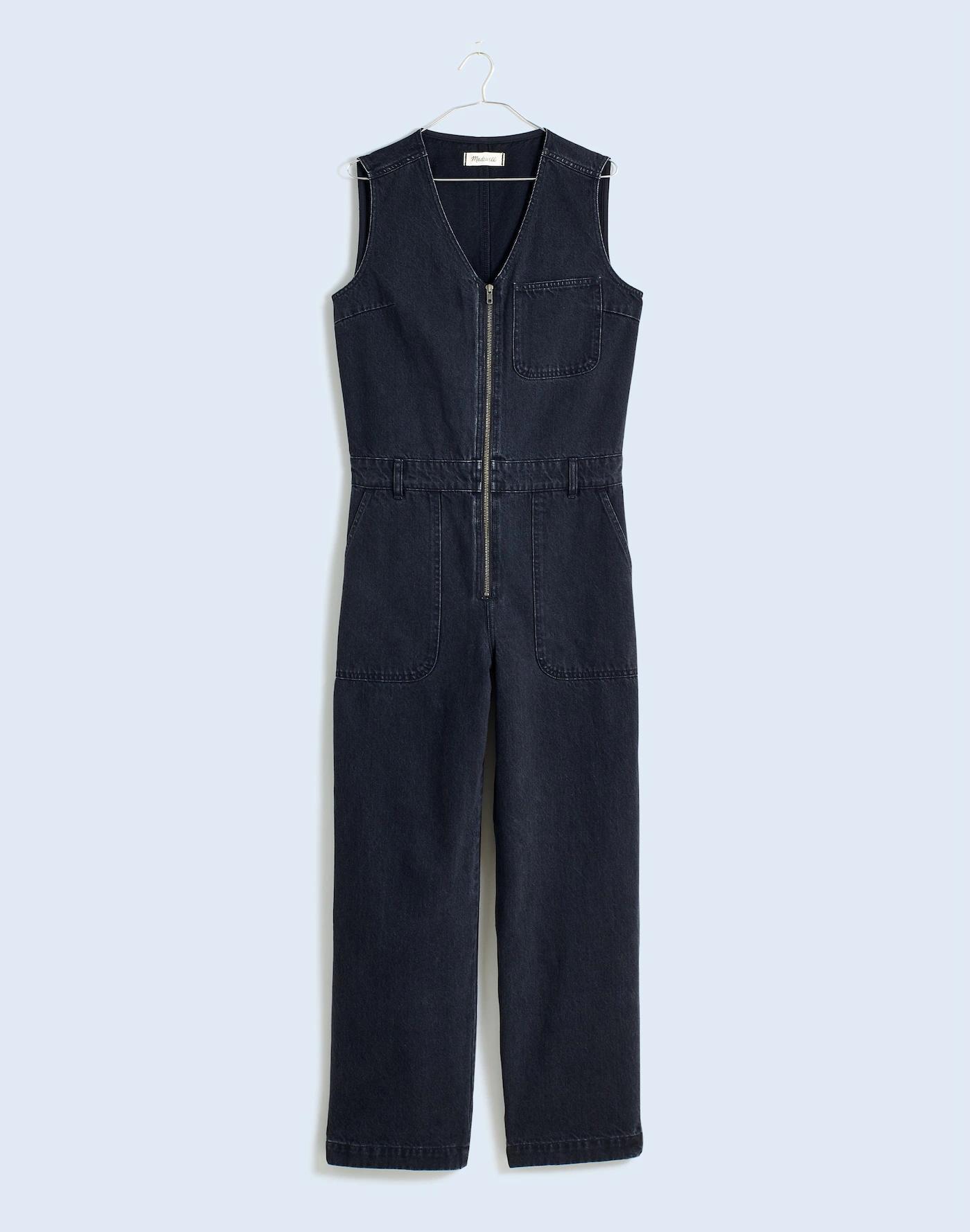 Denim Zip-Front Sleeveless Jumpsuit in Tarrybrook Wash Product Image