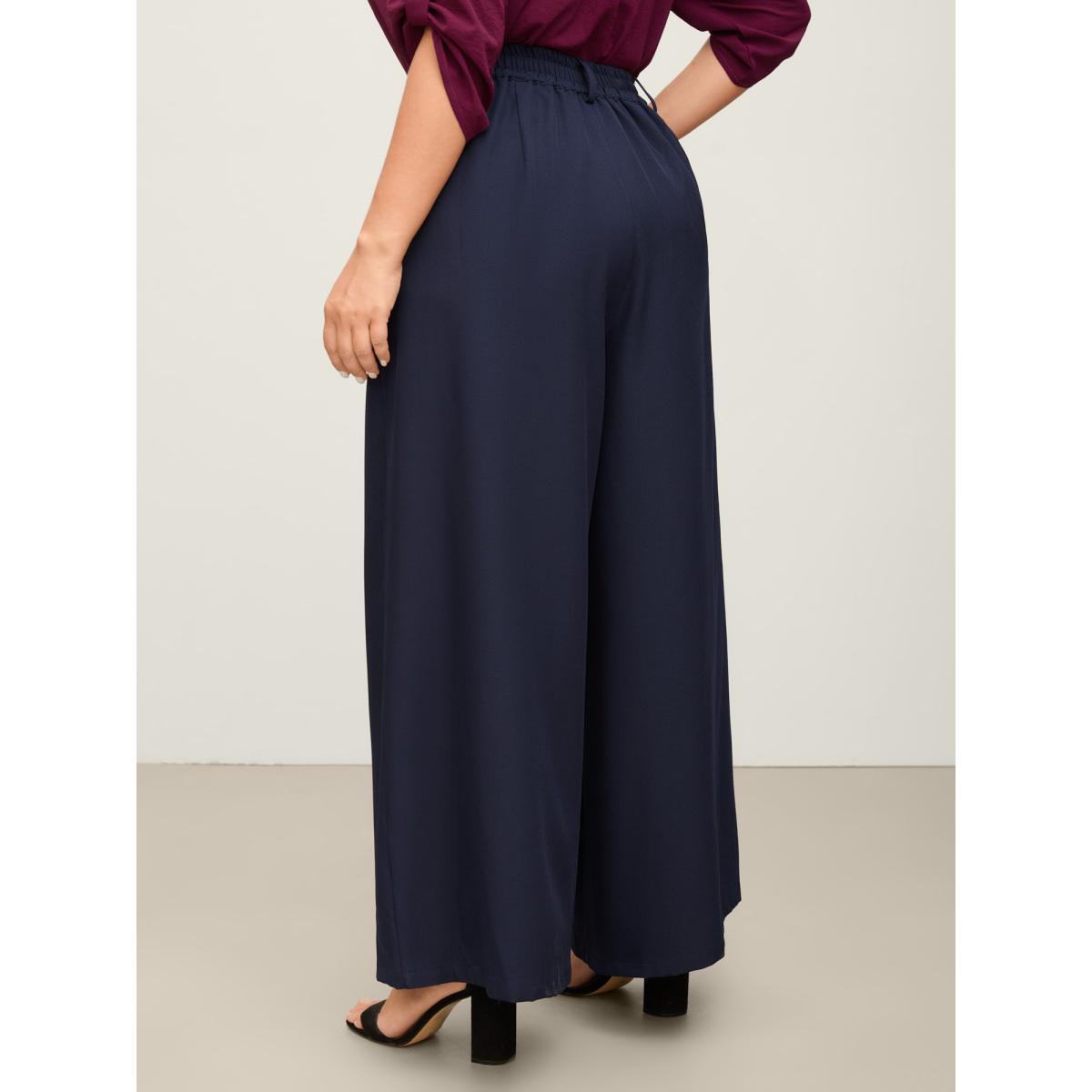 Plus Size Elastic Back Waist Metal Buckle Pants Women Indigo Loose Mid Rise Work Pants BloomChic 14-16/1X Product Image