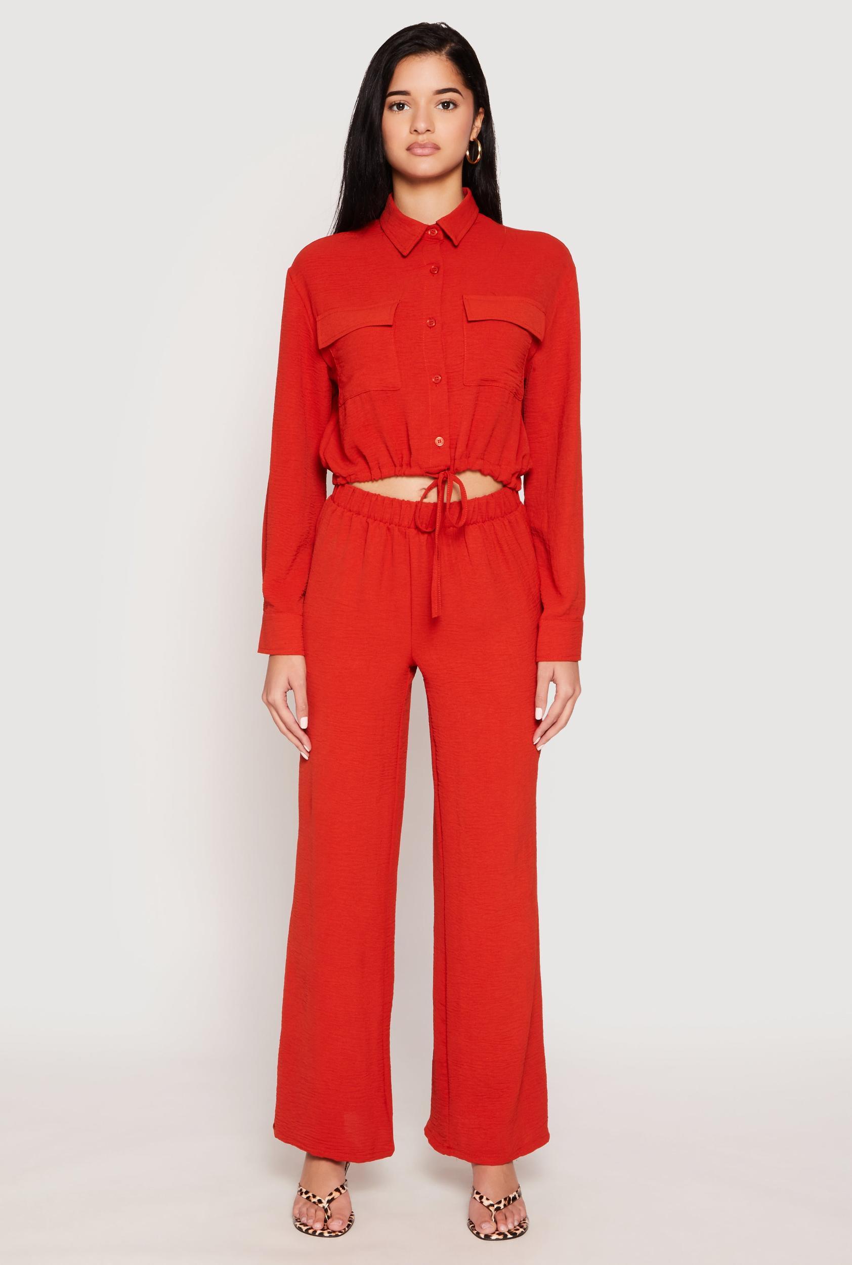 Womens Crepe Knit Drawstring Crop Top and Wide Leg Pants Product Image
