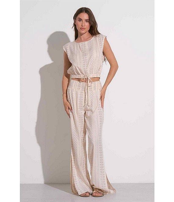 ELAN Coordinating Metallic Arrow Print Crew Neck Cap Sleeve Banded Cropped Top Product Image