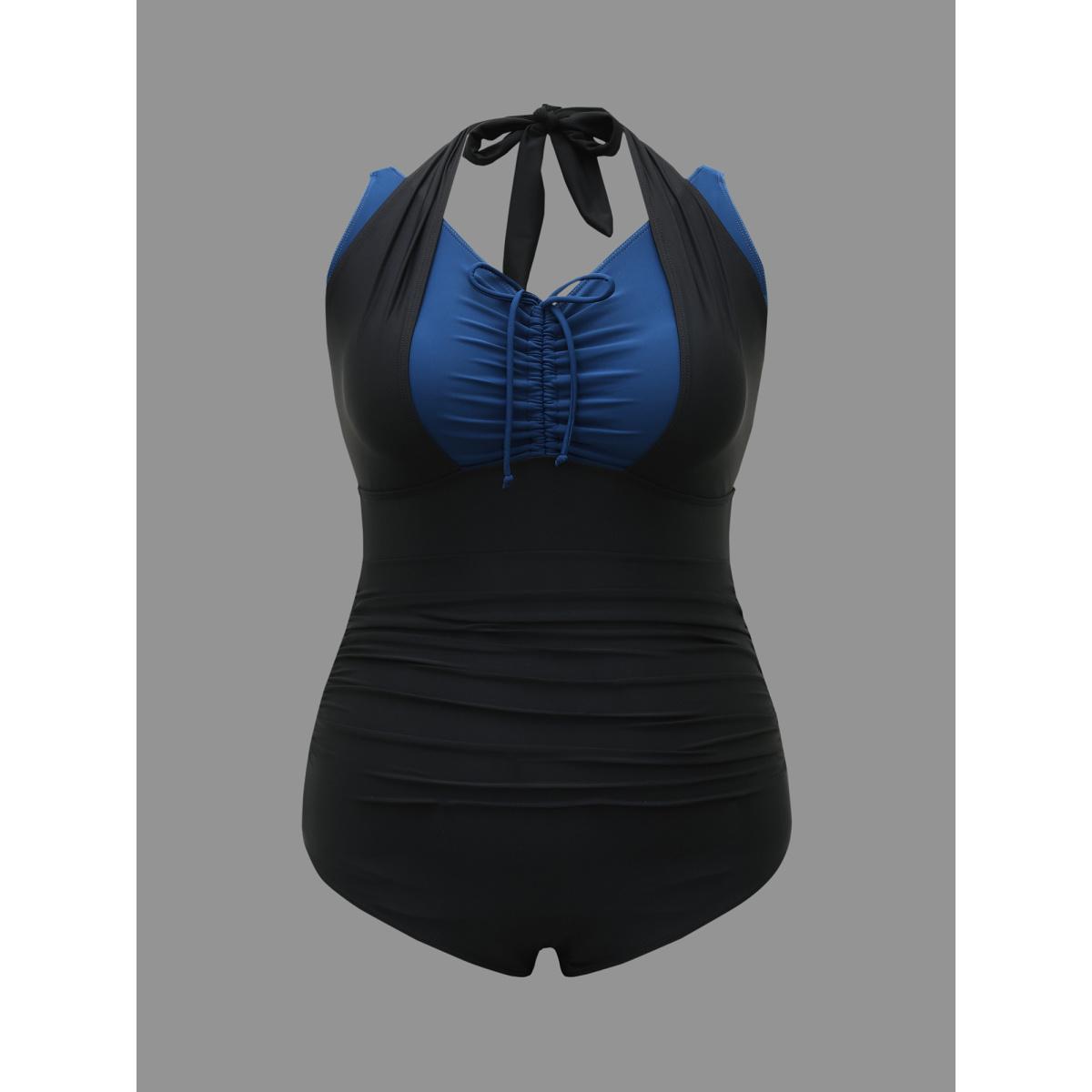 Plus Size Halter Neck Drawstring Gathered One-Piece Swimsuit Women's Swimwear Black Beach Gathered Curve Bathing Suits High stretch One Pieces BloomChic 14-16/1X Product Image