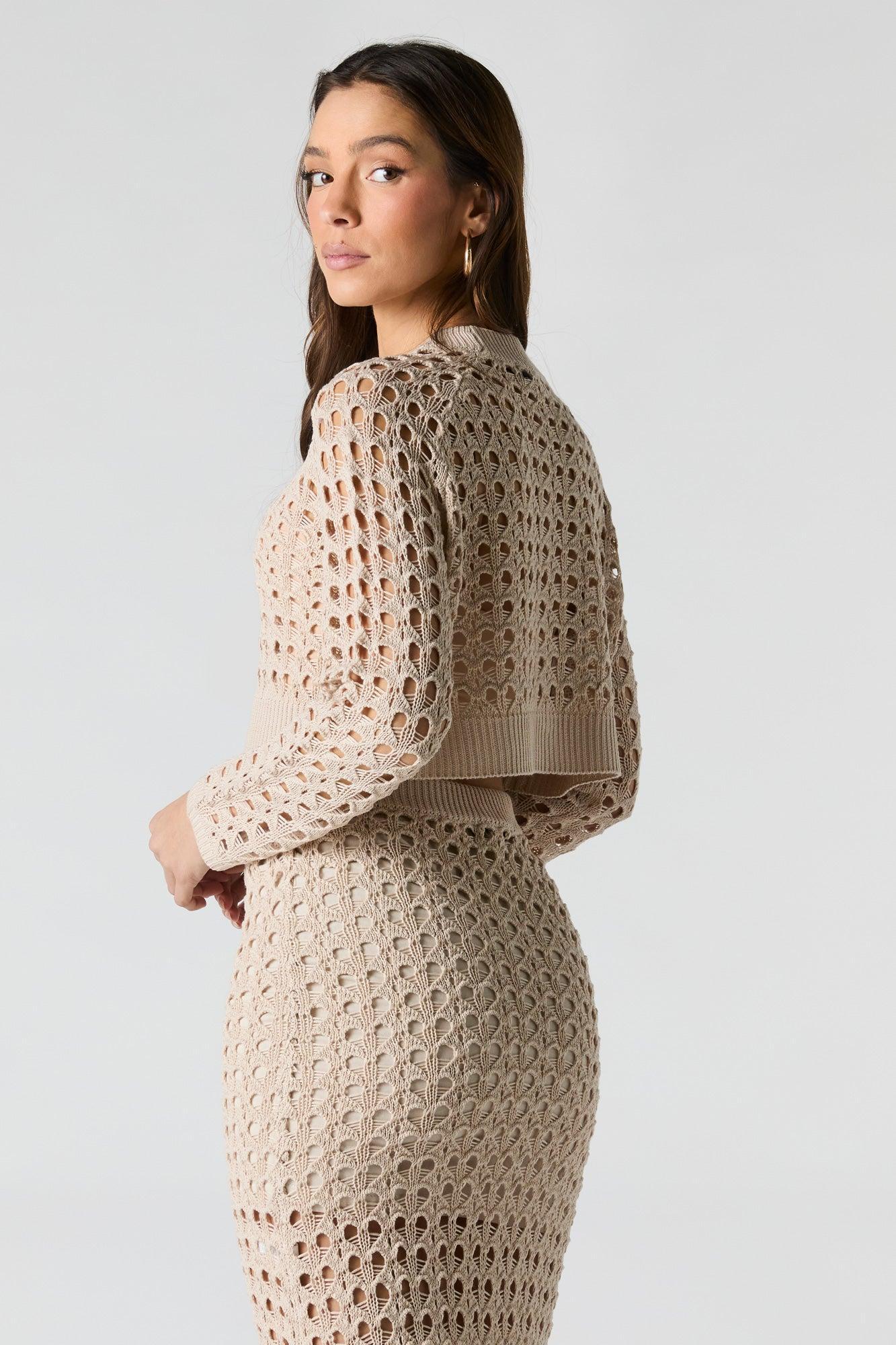 Open Knit Long Sleeve Crop Top Female Product Image