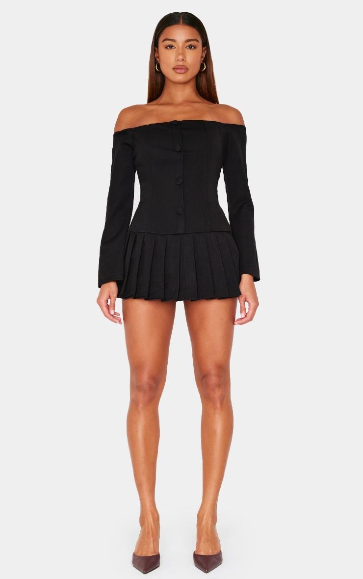 Black Woven Pleated Hem Skort Bardot Romper Product Image