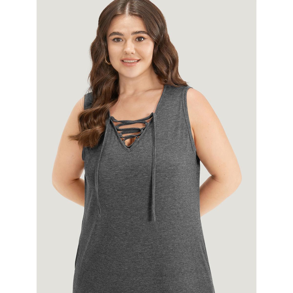 Plus Size Plain Pocket Lace Up Sleeveless Dress DimGray Women Casual Plain V-neck Sleeveless Curvy Midi Dress BloomChic 30/6X Product Image