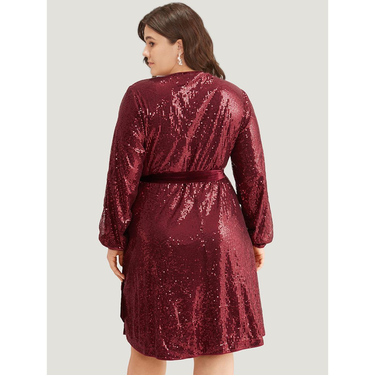 Plus Size Sequin Ties Side Surplice Neck Lantern Sleeve Dress Scarlet Women Cocktail Elastic cuffs V-neck Long Sleeve Curvy Knee Dress BloomChic 18-20/2X Product Image