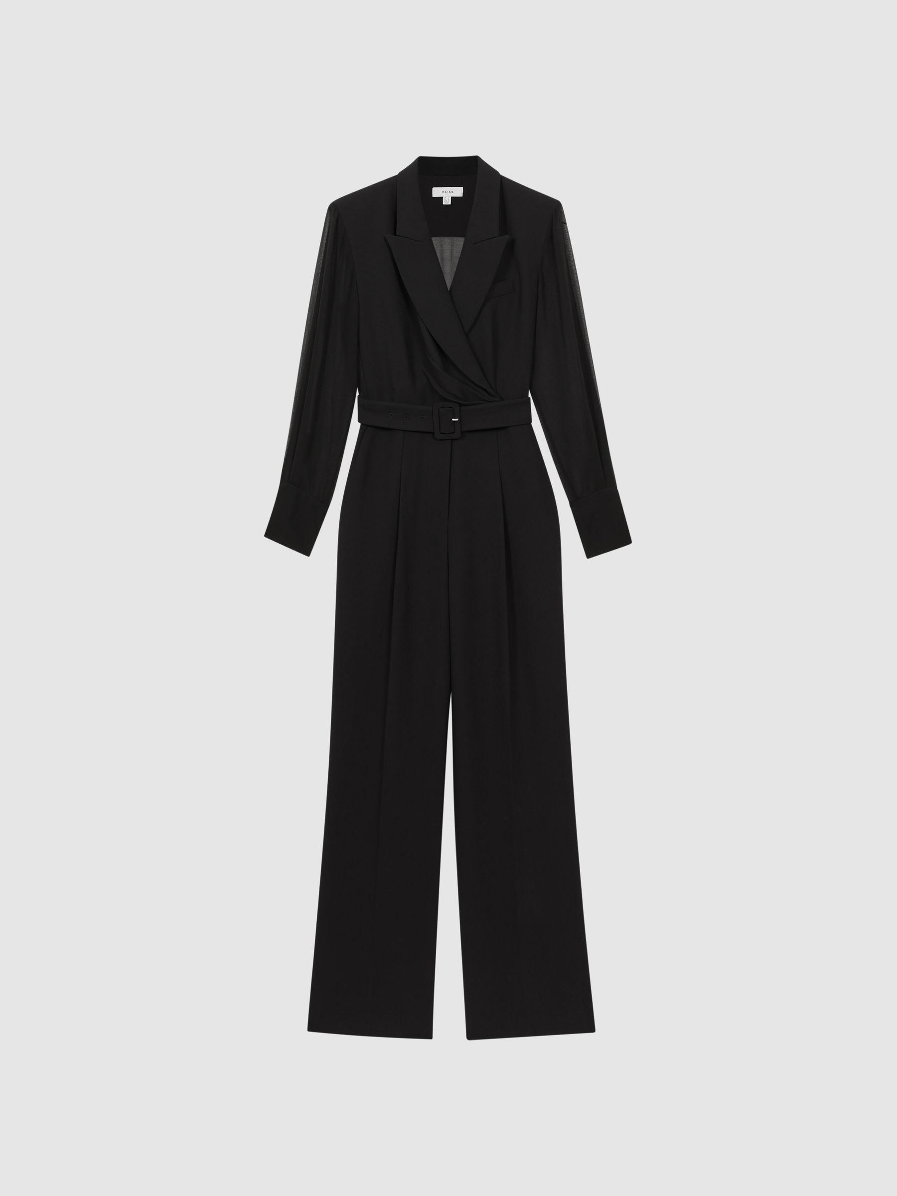 Petite Sheer Belted Double Breasted Jumpsuit in Black Product Image