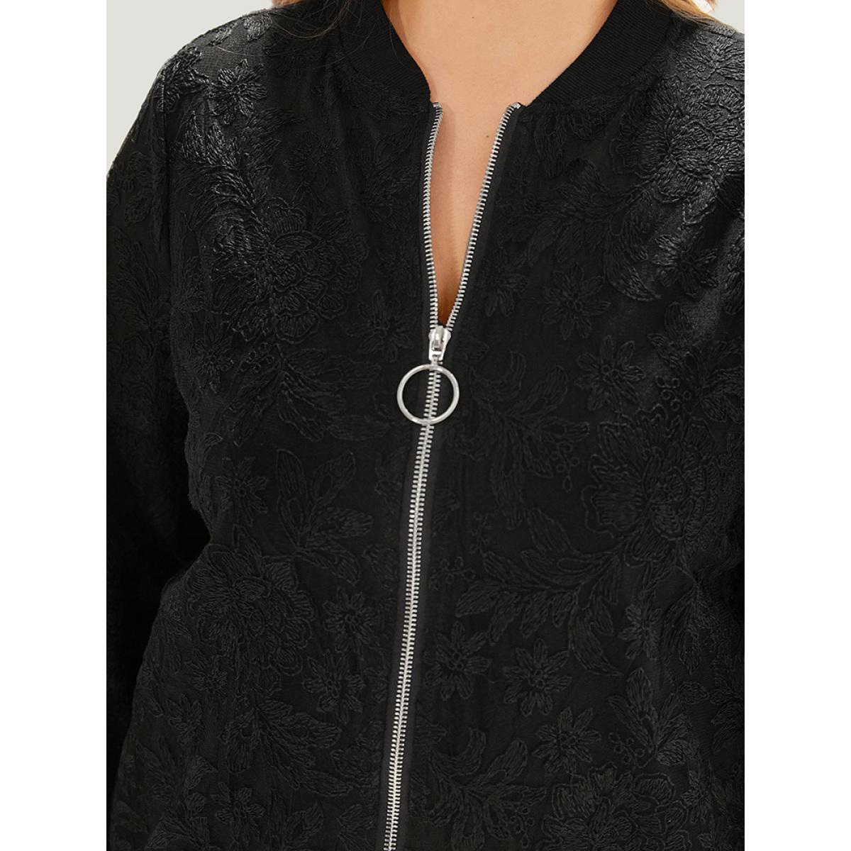 Plus Size Lace Patchwork O Ring Zipper Elastic Cuffs Jacket Women Black Elastic cuffs Everyday Jackets BloomChic 10/M Product Image