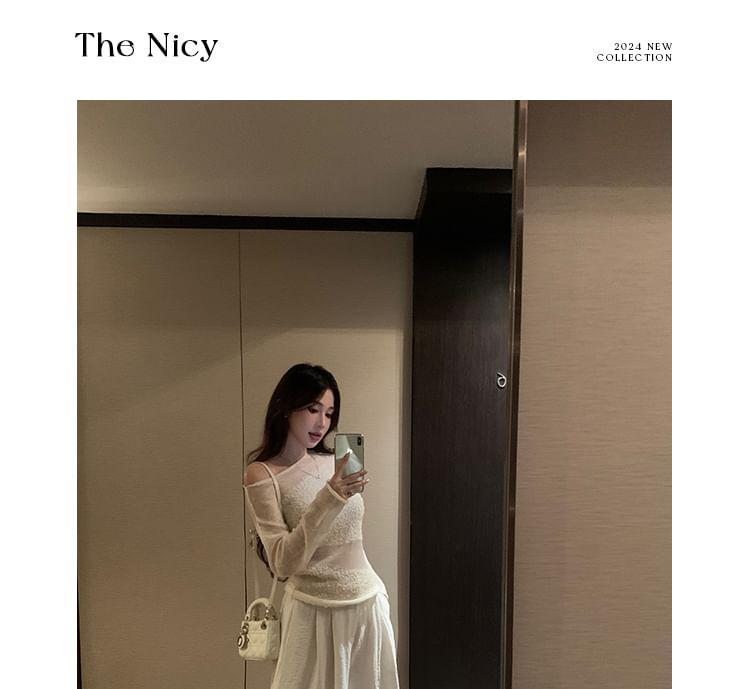 Long-Sleeve Off-Shoulder Plain Sheer Panel Slim Fit Knit Top / High Rise Wide Leg Pants Product Image
