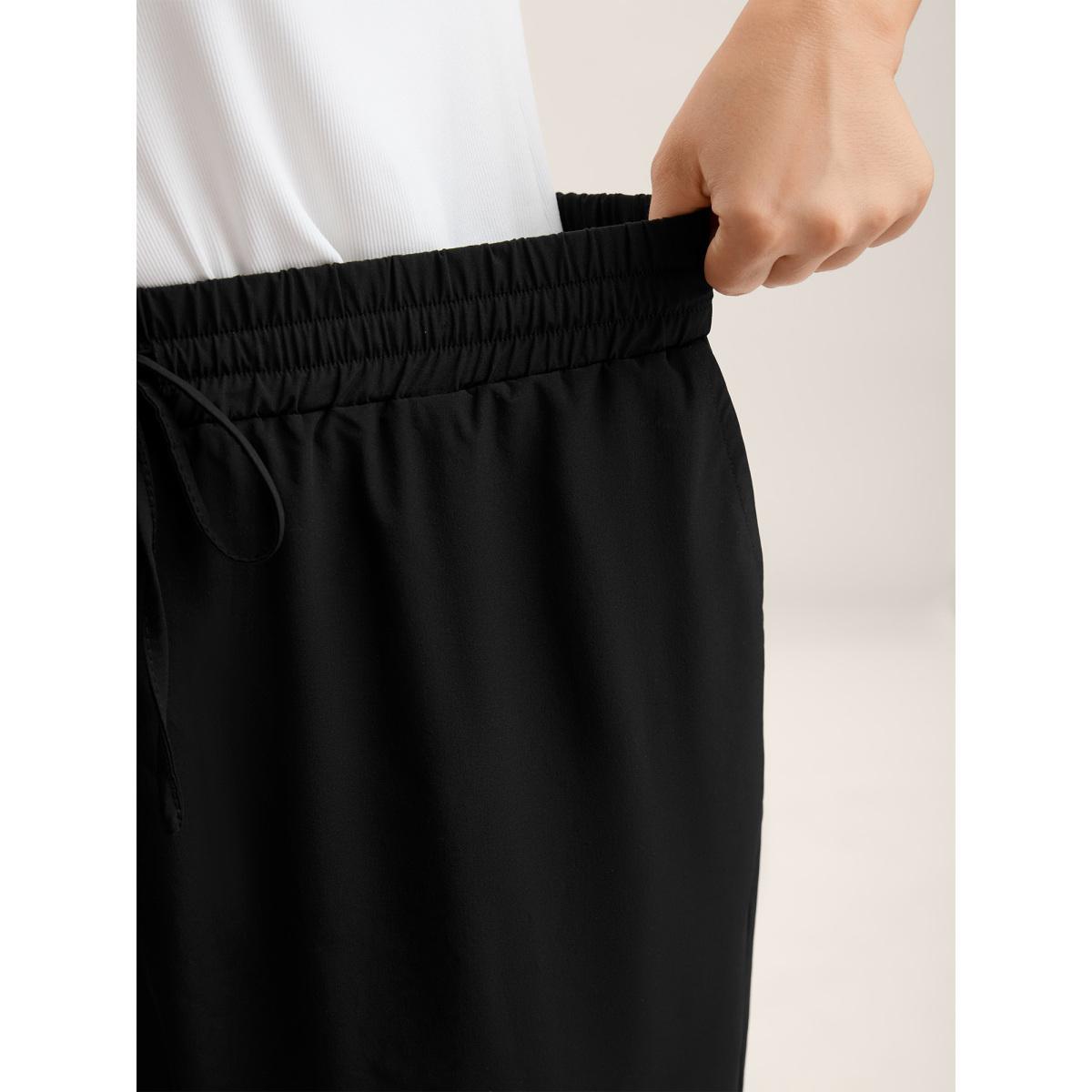 Plus Size Shirred Waist Tie Straight-Leg Crop Pants Women Black Casual Straight Leg Mid Rise Everyday-Casual Pants BloomChic 30/6X Product Image