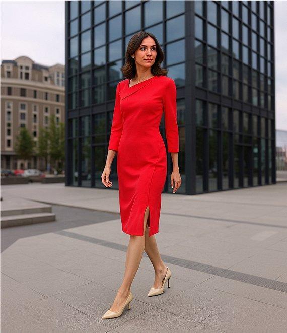 Investments Scuba Crepe 3/4 Sleeve Envelope Neck Sheath Dress Product Image