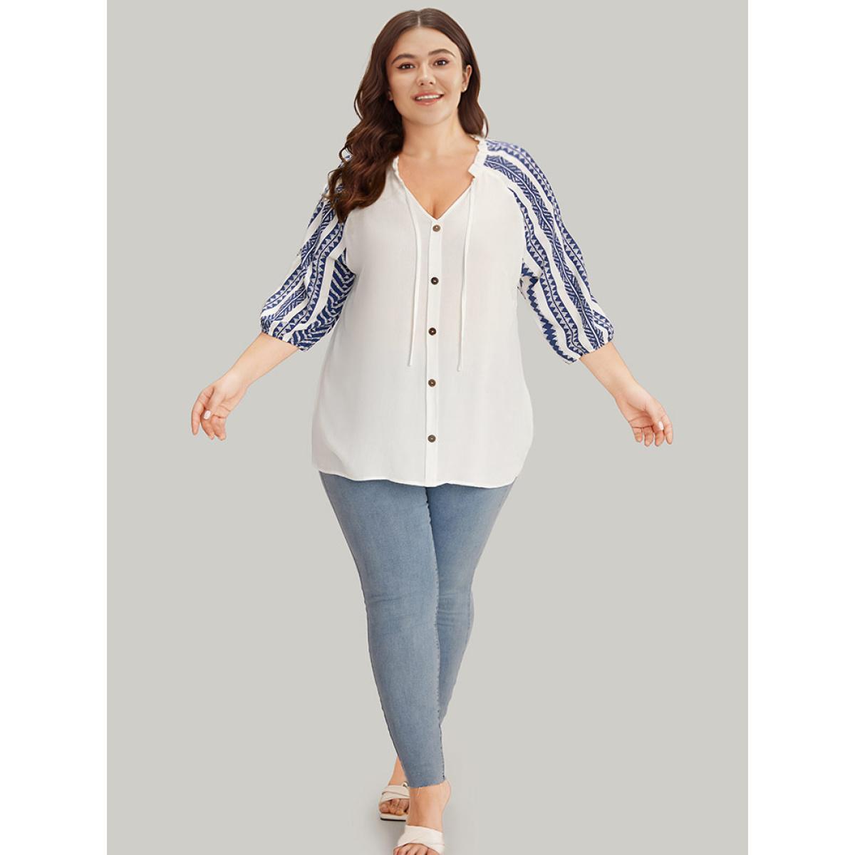 Plus Size DarkBlue Boho Print Tie Neck Patchwork Lantern Sleeve Blouse Women Vacation Elbow-length sleeve Tie Neck Dailywear Blouses BloomChic 30/6X Product Image