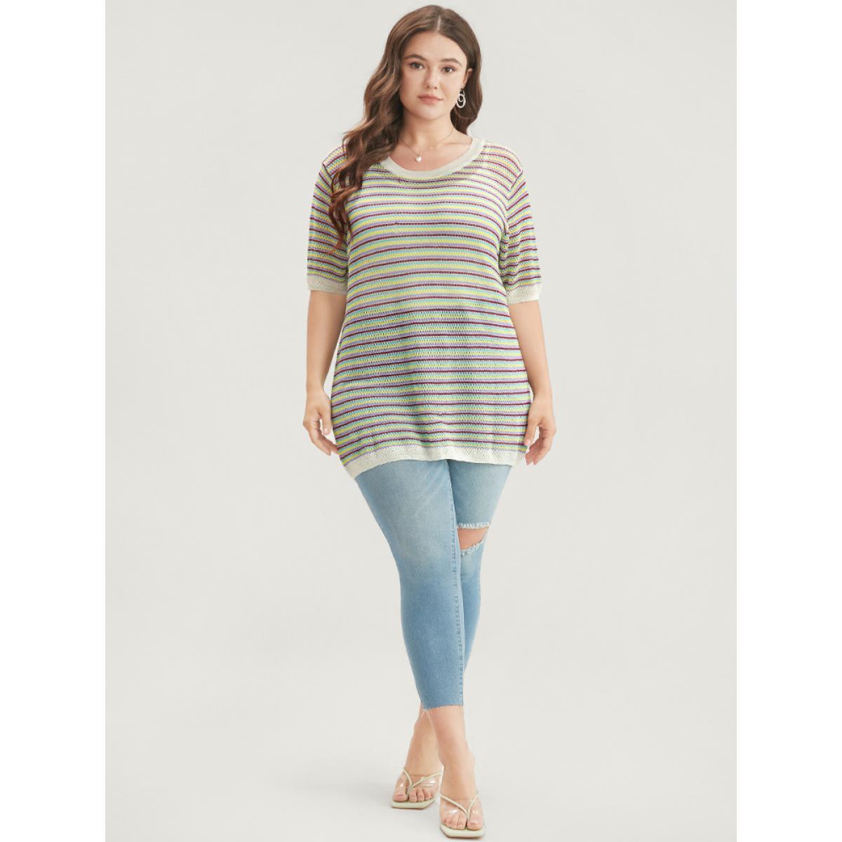 Plus Size Striped Contrast Round Neck Knit Top Multicolor Women Vacation Short sleeve Round Neck Dailywear Pullovers BloomChic 12/L Product Image