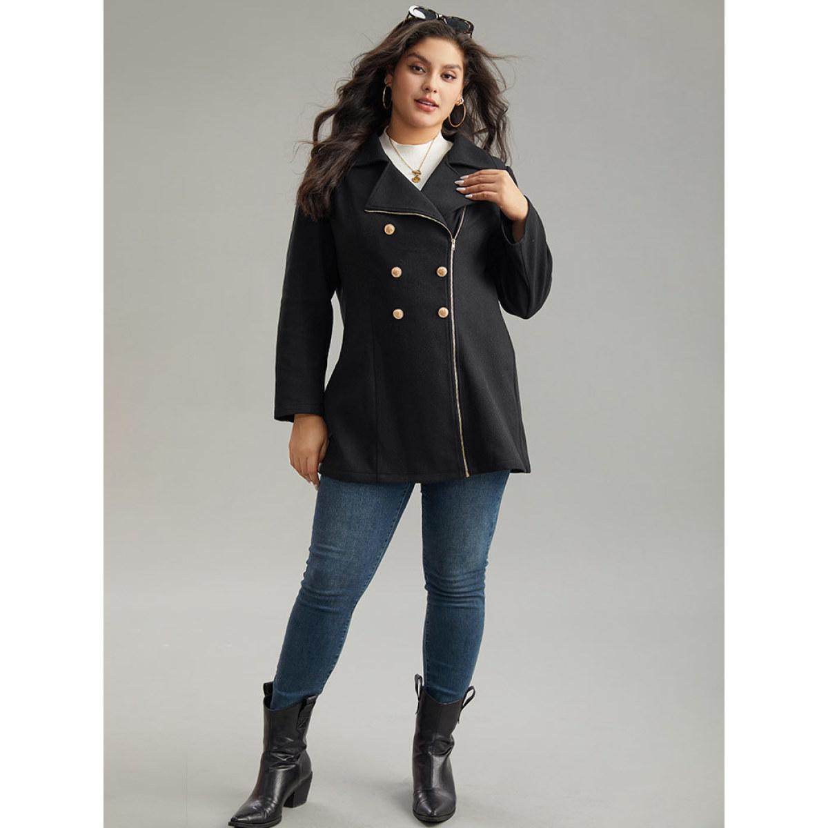 Plus Size Asymmetrical Neck Buckle Detail Zipper Coat Women Black Casual Texture Ladies Dailywear Winter Coats BloomChic 14-16/1X Product Image