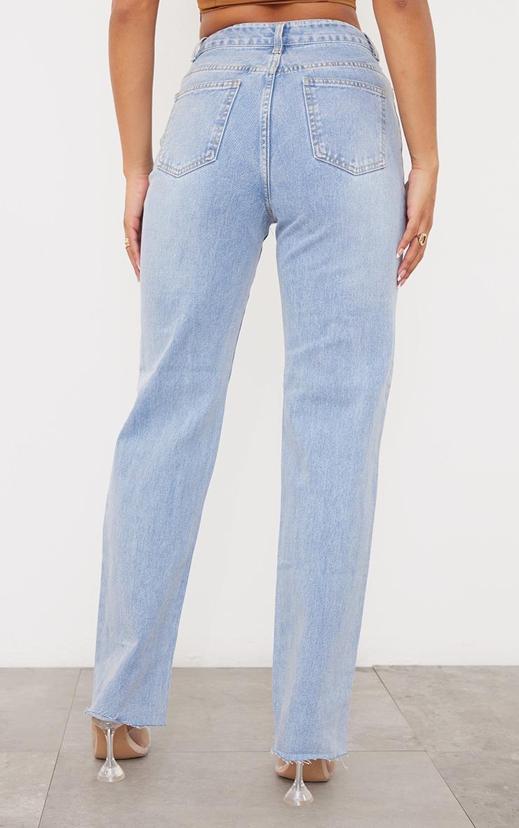 PRETTYLITTLETHING Light Blue Wash Ripped Long Leg Straight Jeans Product Image