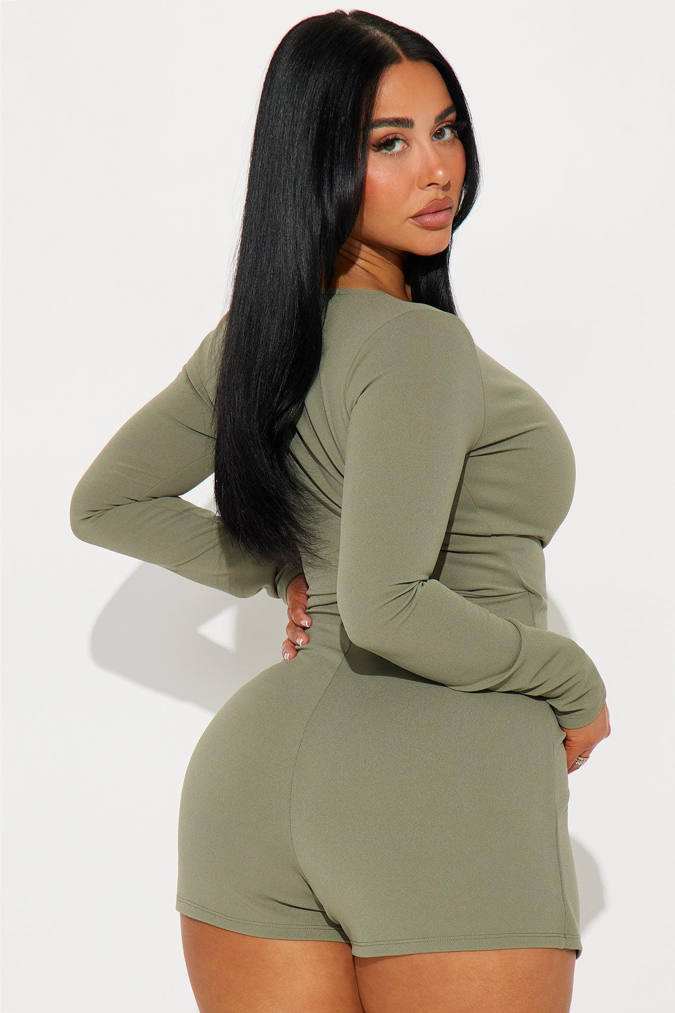 Alina Crepe Long Sleeve Romper - Olive Product Image