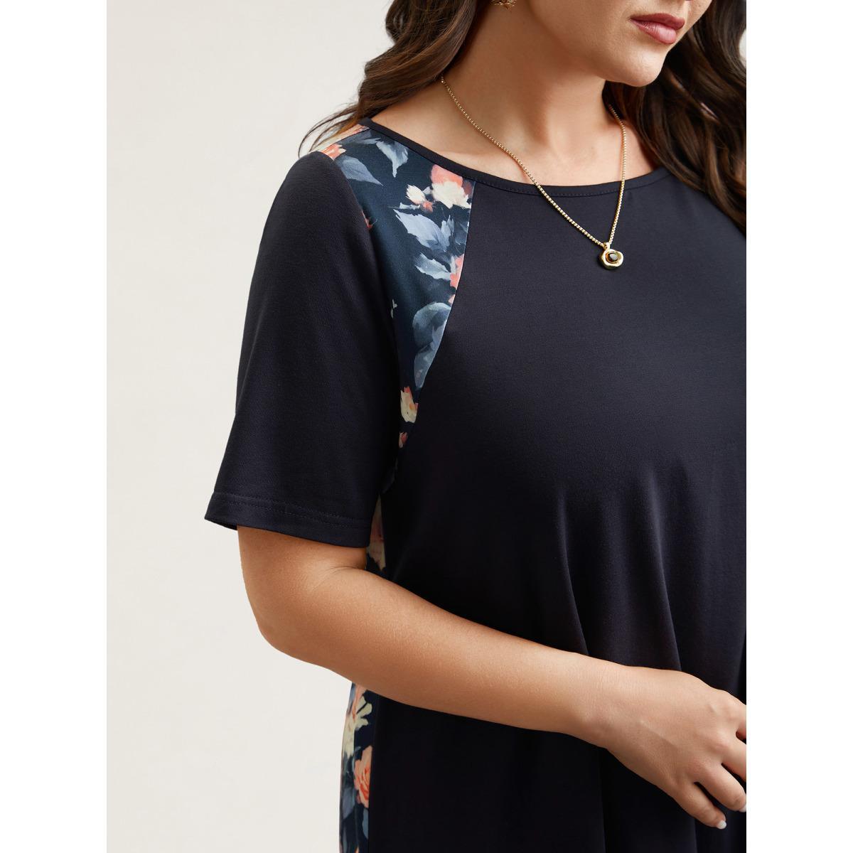 Plus Size Round Neck Floral Print Patchwork Half Sleeve T-Shirt Midnight Women Elegant Contrast Natural Flowers Boat Neck Loose Everyday T-shirts BloomChic 14-16/1X Product Image