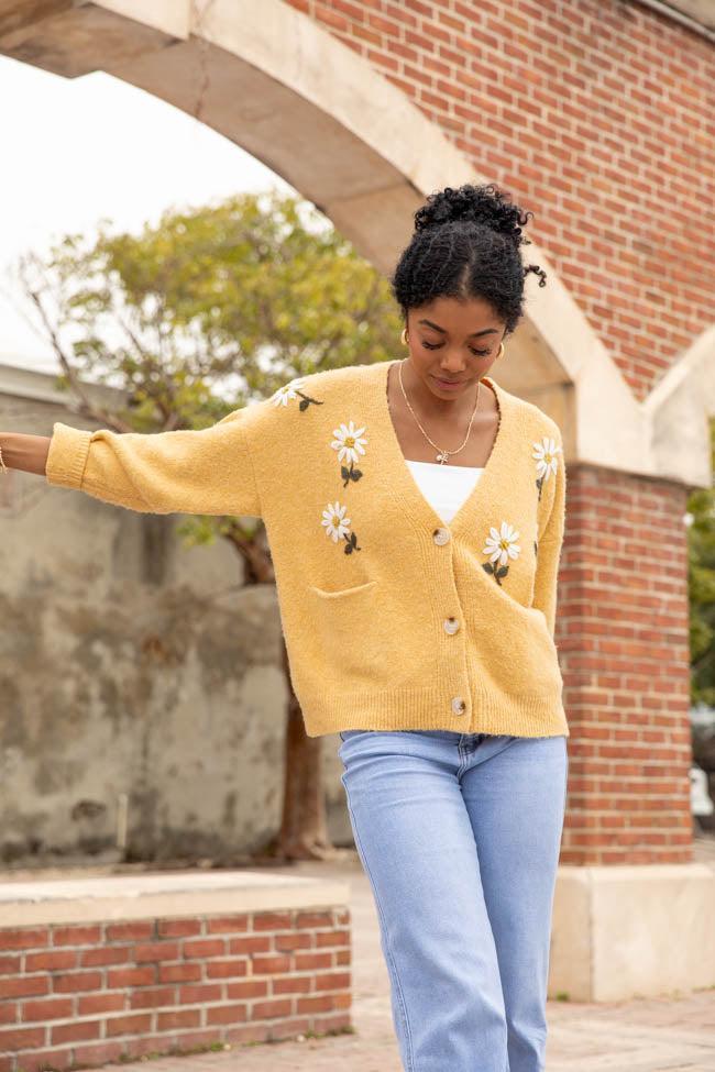 Fields Of Hope Mustard Floral Embroidered Cardigan Product Image