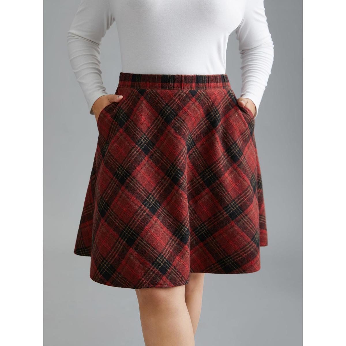 Plus Size Plaid Pattern Elastic Waist A-line Mini Skirt Women Scarlet Elegant Low stretch Slanted pocket Everyday Skirts BloomChic 26/4X Product Image