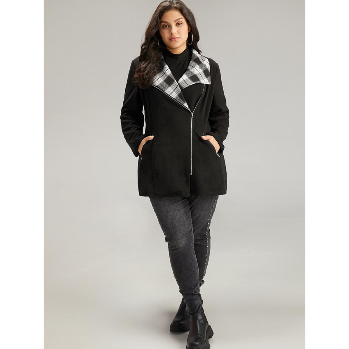 Plus Size Plaid Patchwork Lapel Collar Zipper Coat Women Black Elegant Contrast Ladies Everyday Winter Coats BloomChic 12/L Product Image