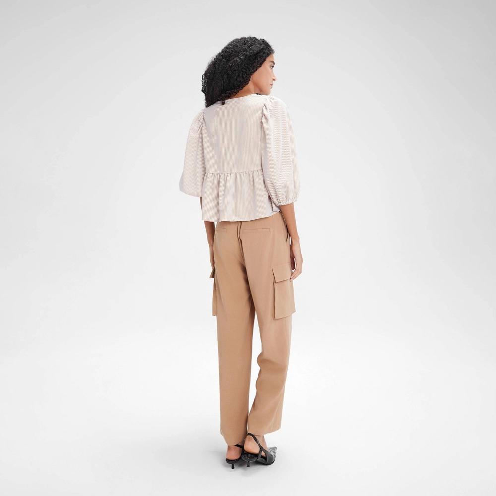 Women's Balloon 3/4 Sleeve Tie-Front Blouse - A New Day™ Cream Striped XXL Product Image