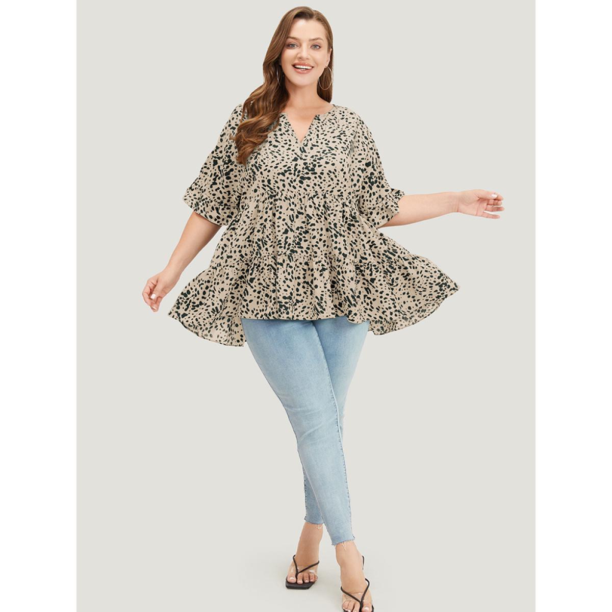 Plus Size Leopard Leopard Tiered Hem Notched Ruffle Sleeve Blouse Women Elegant Half Sleeve Notched collar Dailywear Blouses BloomChic 14-16/1X Product Image