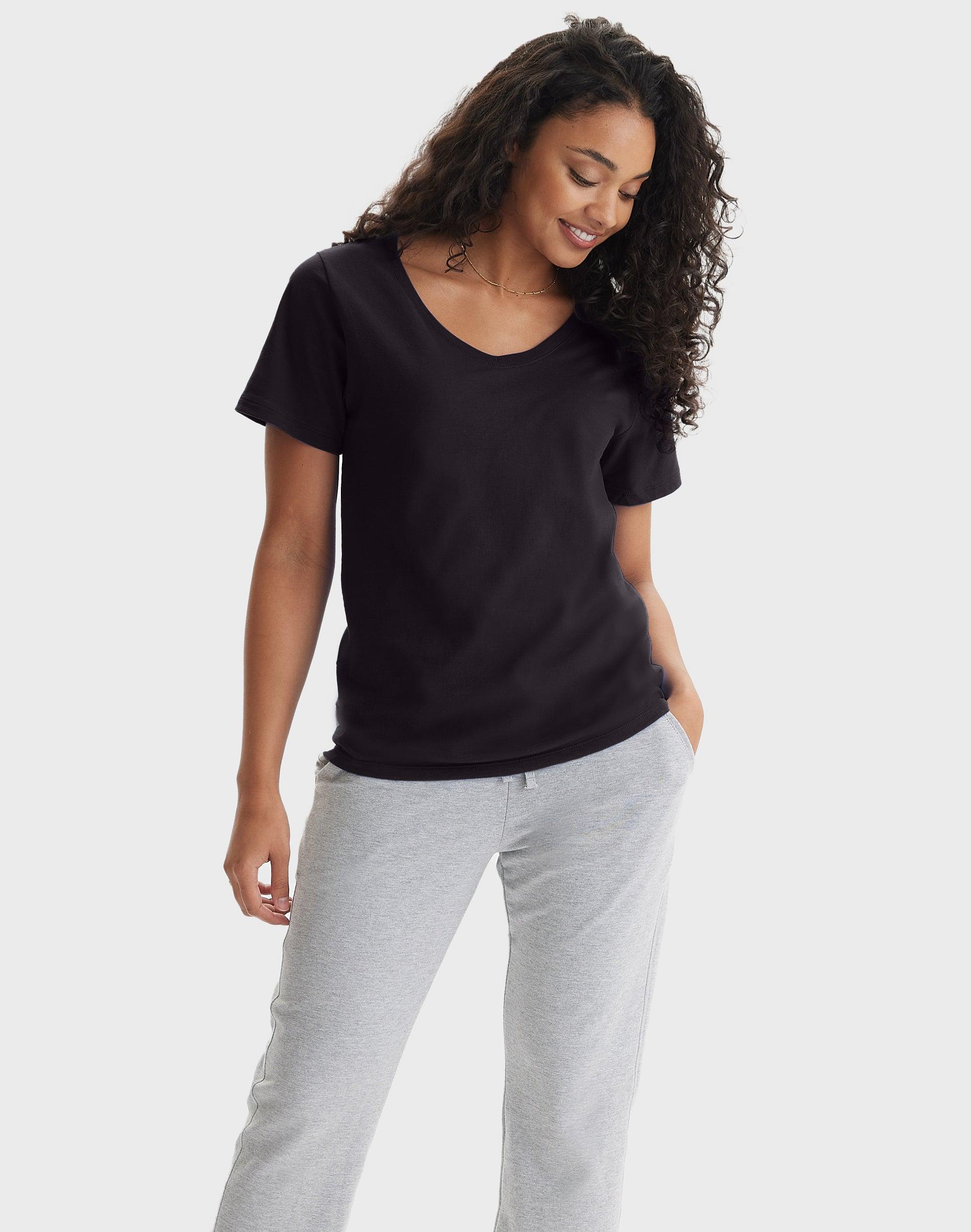 Hanes Perfect-T Womens V-Neck Cotton T-Shirt Light Blue XL Product Image
