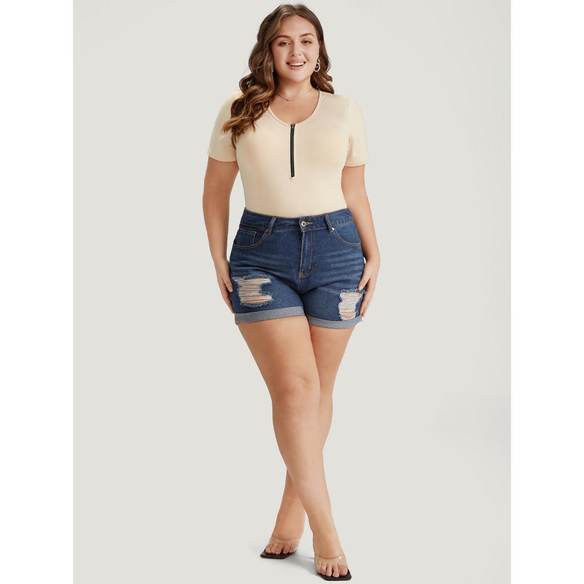 Plus Size Plain Zipper Half Crew Neck Bodysuit Women Champagne Plain Zipper Bodysuits BloomChic 12/L Product Image