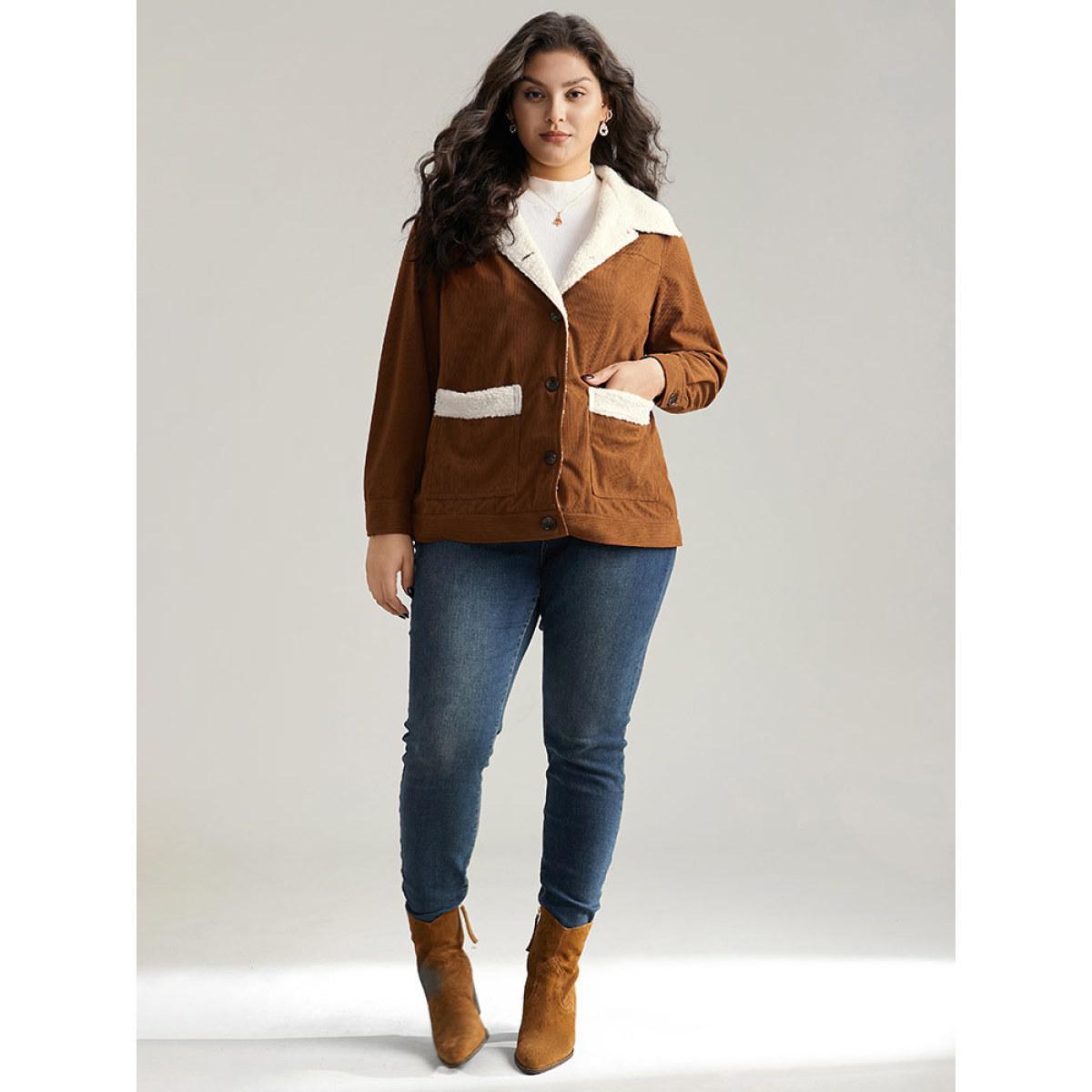 Plus Size Corduroy Lapel Collar Fuzzy Patchwork Button Fly Coat Women Maroon Casual Contrast Ladies Dailywear Winter Coats BloomChic 18-20/2X Product Image