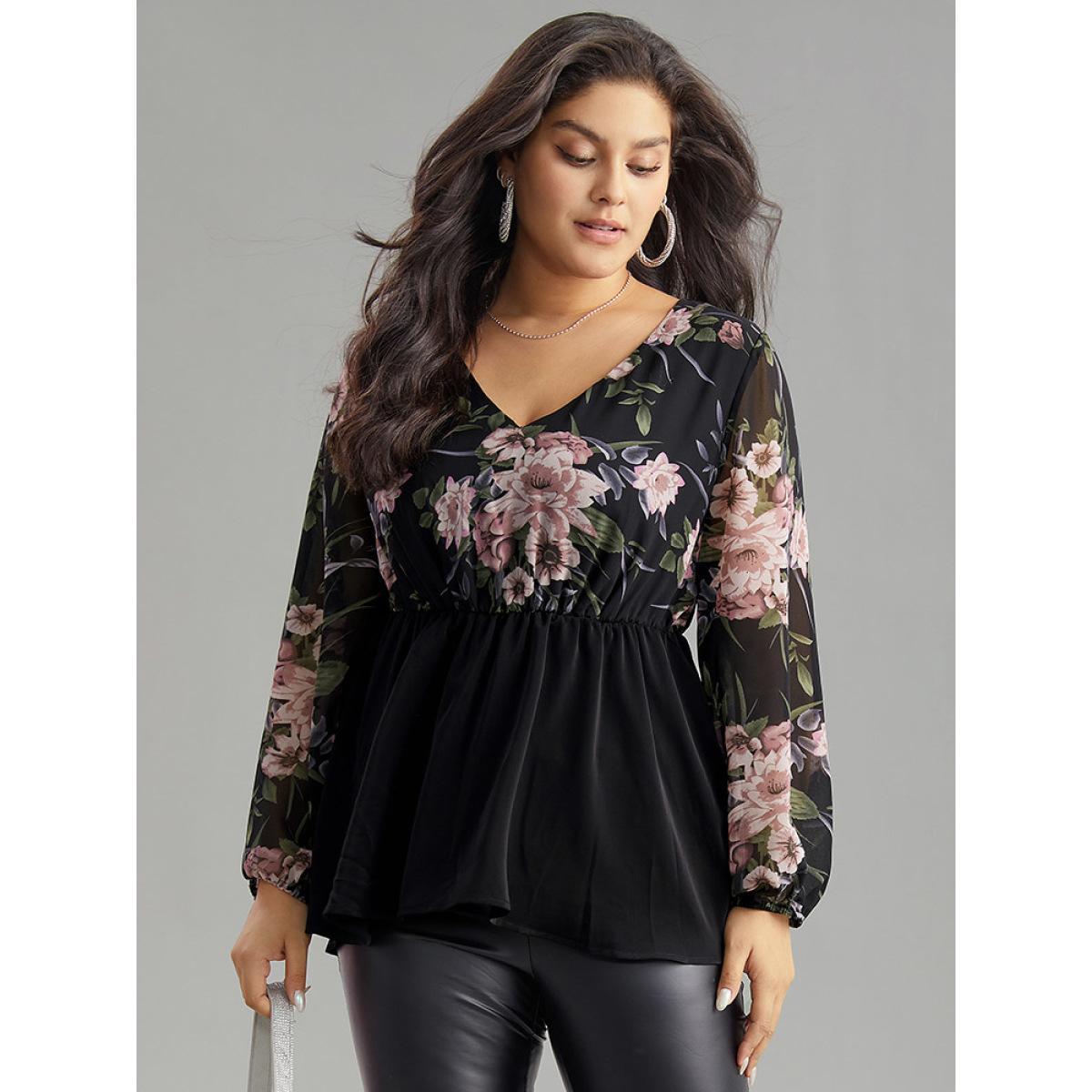 Plus Size Black Floral Print Patchwork Elastic Waist Lantern Sleeve Blouse Women Elegant Long Sleeve V-neck Going out Blouses BloomChic 10/M Product Image