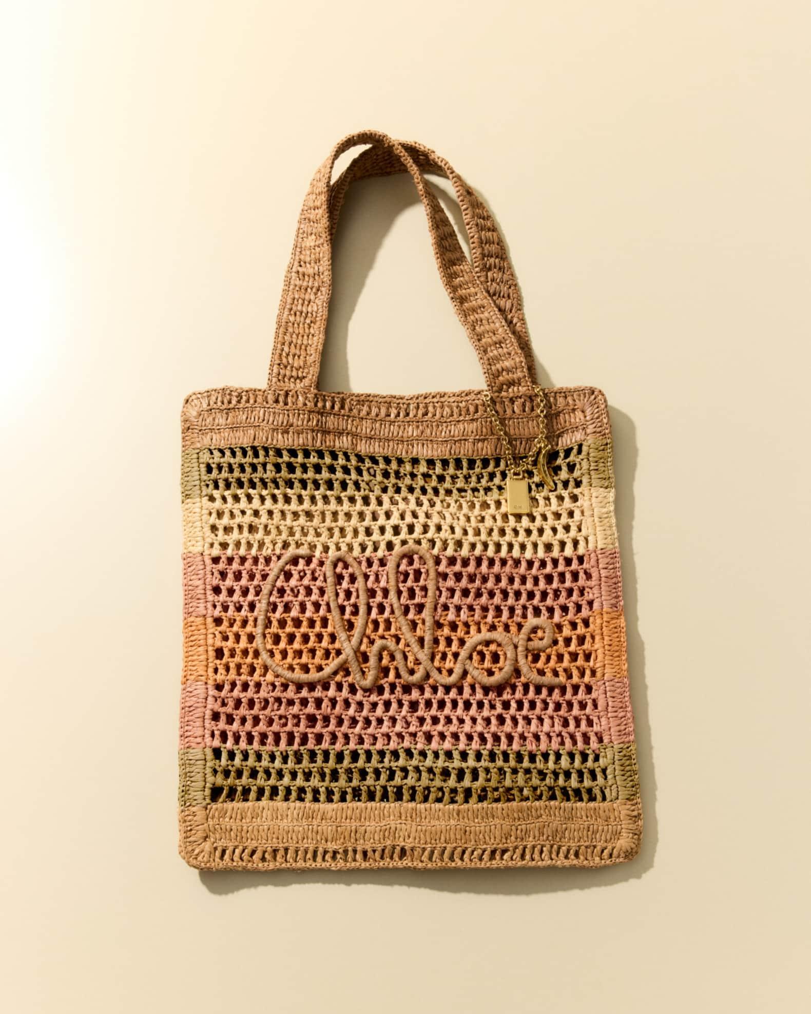 Summer Banana Tote Bag in Striped Crochet Paper and Leather Product Image