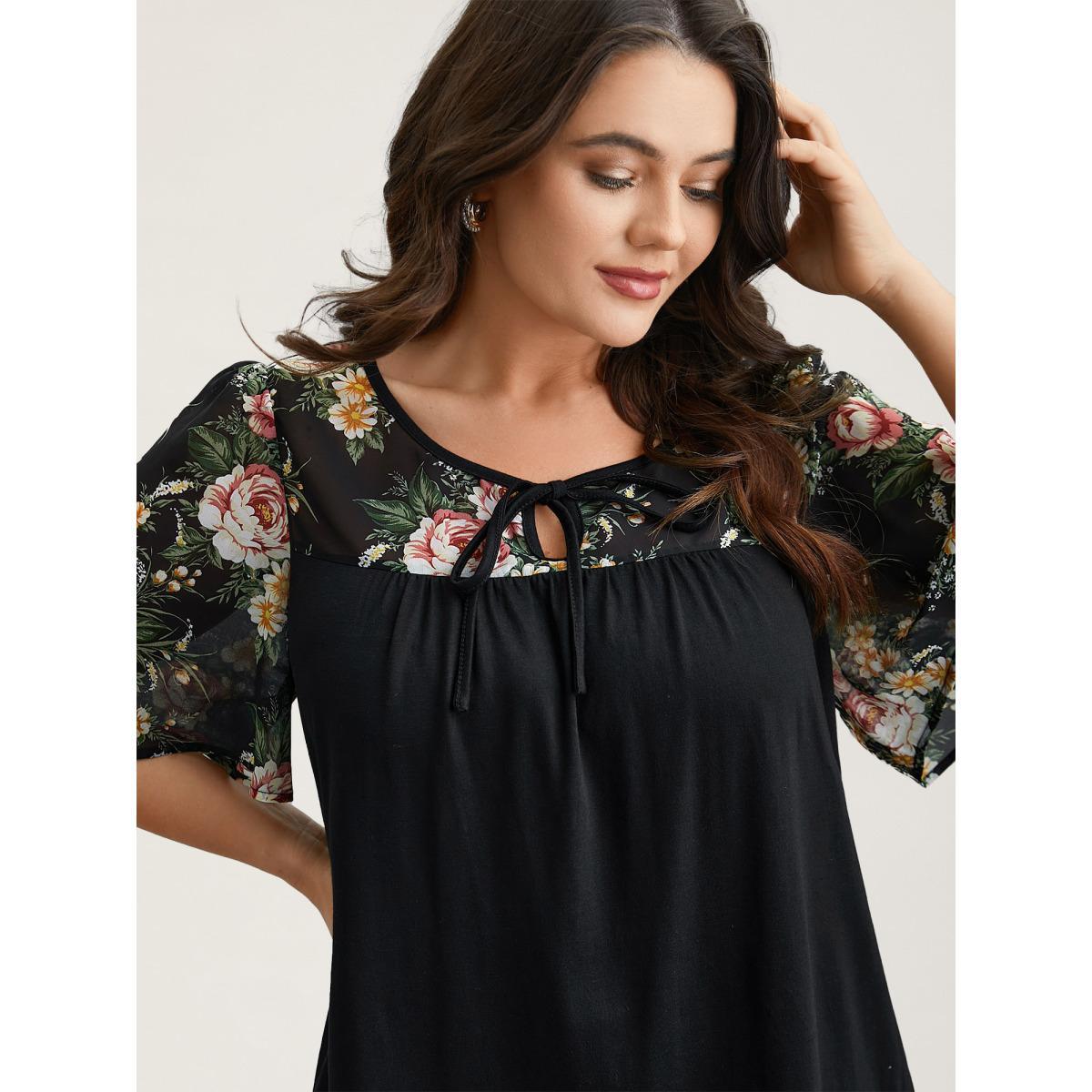 Plus Size Floral Print Spliced Neck-Tie T-Shirt Black Women Elegant Tie knot Natural Flowers Round Neck Everyday T-shirts BloomChic 30/6X Product Image