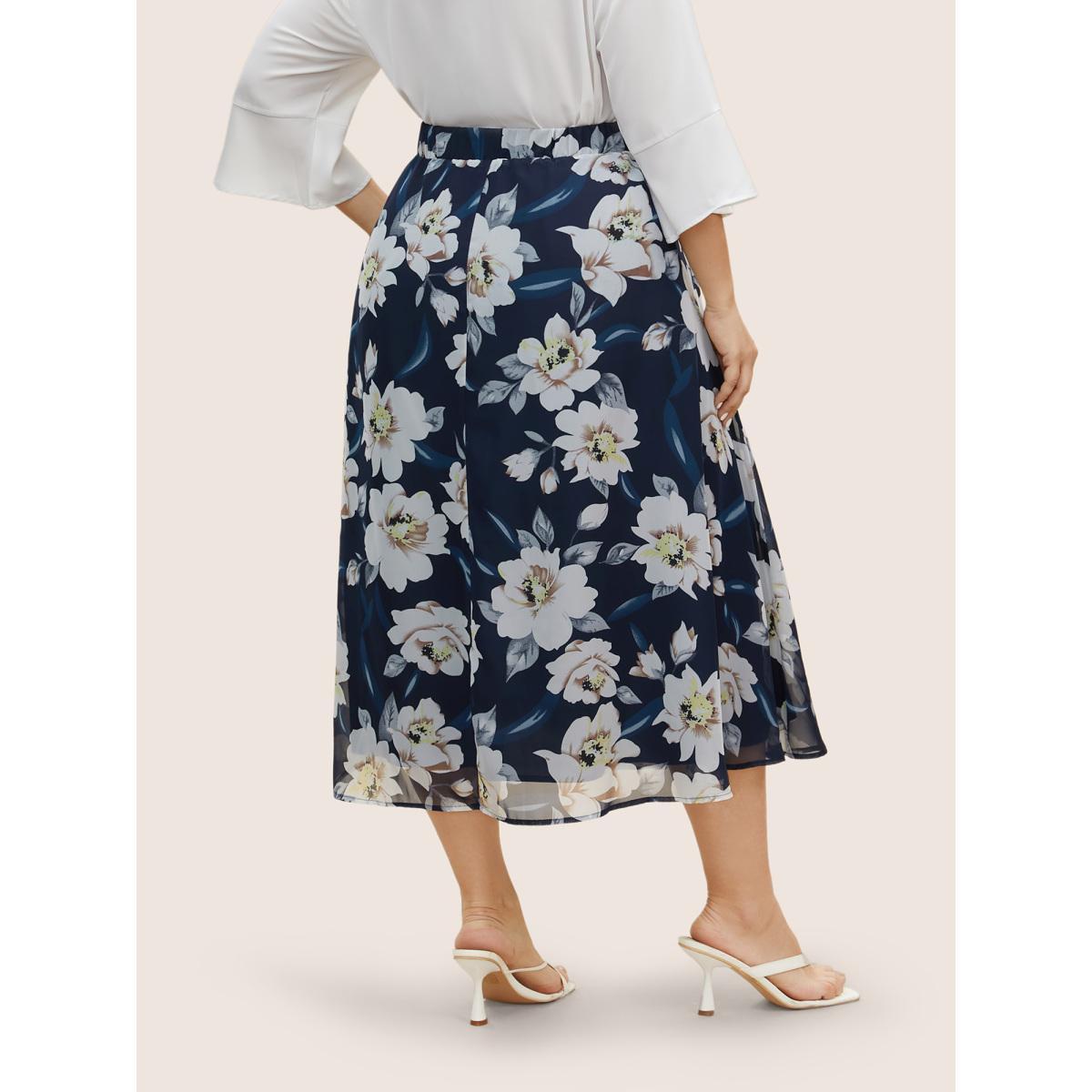 Plus Size Chiffon Mesh Floral Elastic Waist Skirt Women Navy Elegant See through No stretch Side seam pocket Everyday Skirts BloomChic 12/L Product Image