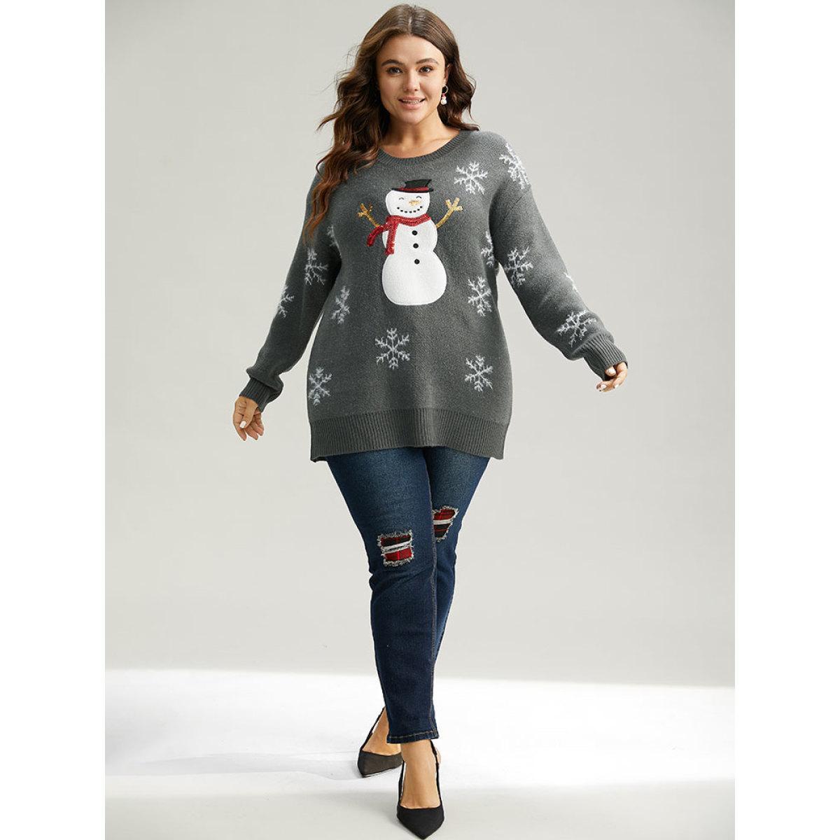 Plus Size Sequin Christmas Graphic Drop Shoulder Pullover DimGray Women Casual Loose Long Sleeve Round Neck Festival-Christmas Pullovers BloomChic 10/M Product Image