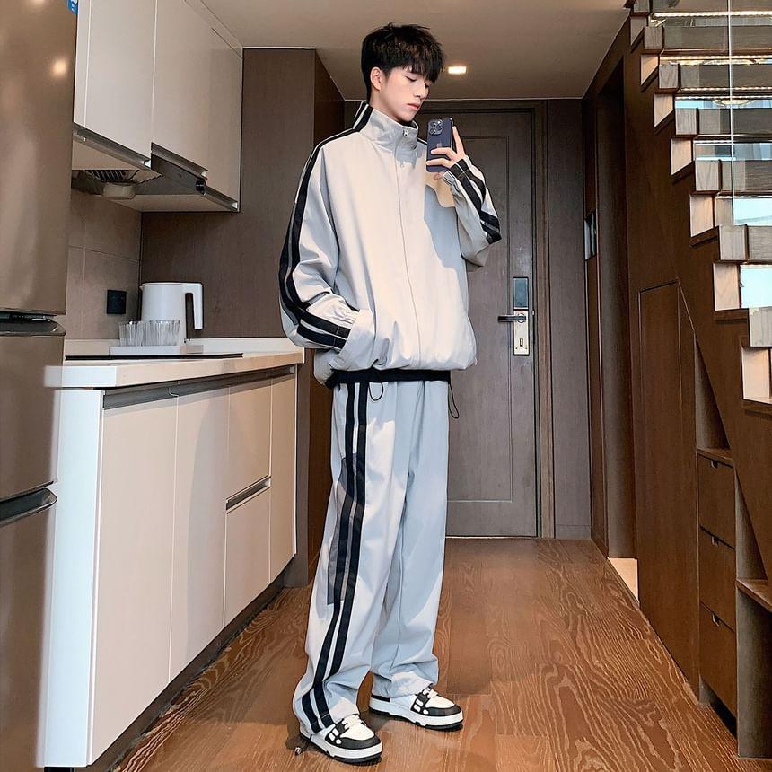 Set: Stand Collar Striped Zip Jacket + Mid Rise Striped Sweatpants Product Image