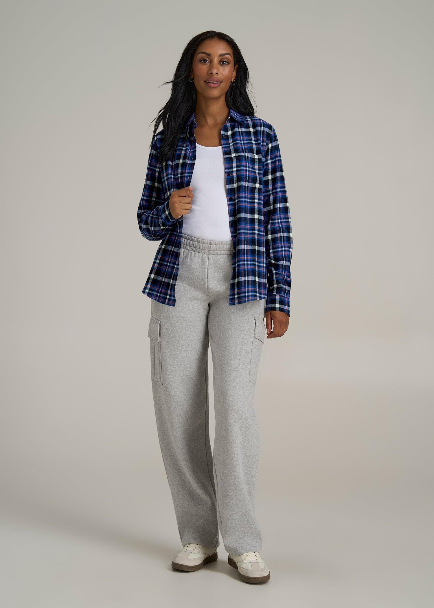 Flannel Button-Up Shirt for Tall Women in Cobalt, Navy, and Peach Plaid Product Image