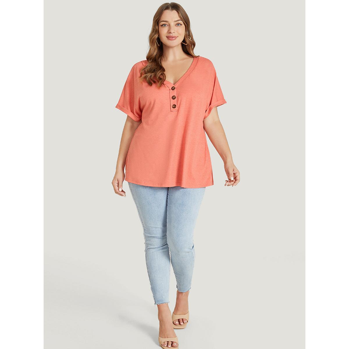 Plus Size Plain Button Detail Roll Dolman Sleeve T-shirt Coral Women Casual Plain V-neck Dailywear T-shirts BloomChic 10/M Product Image