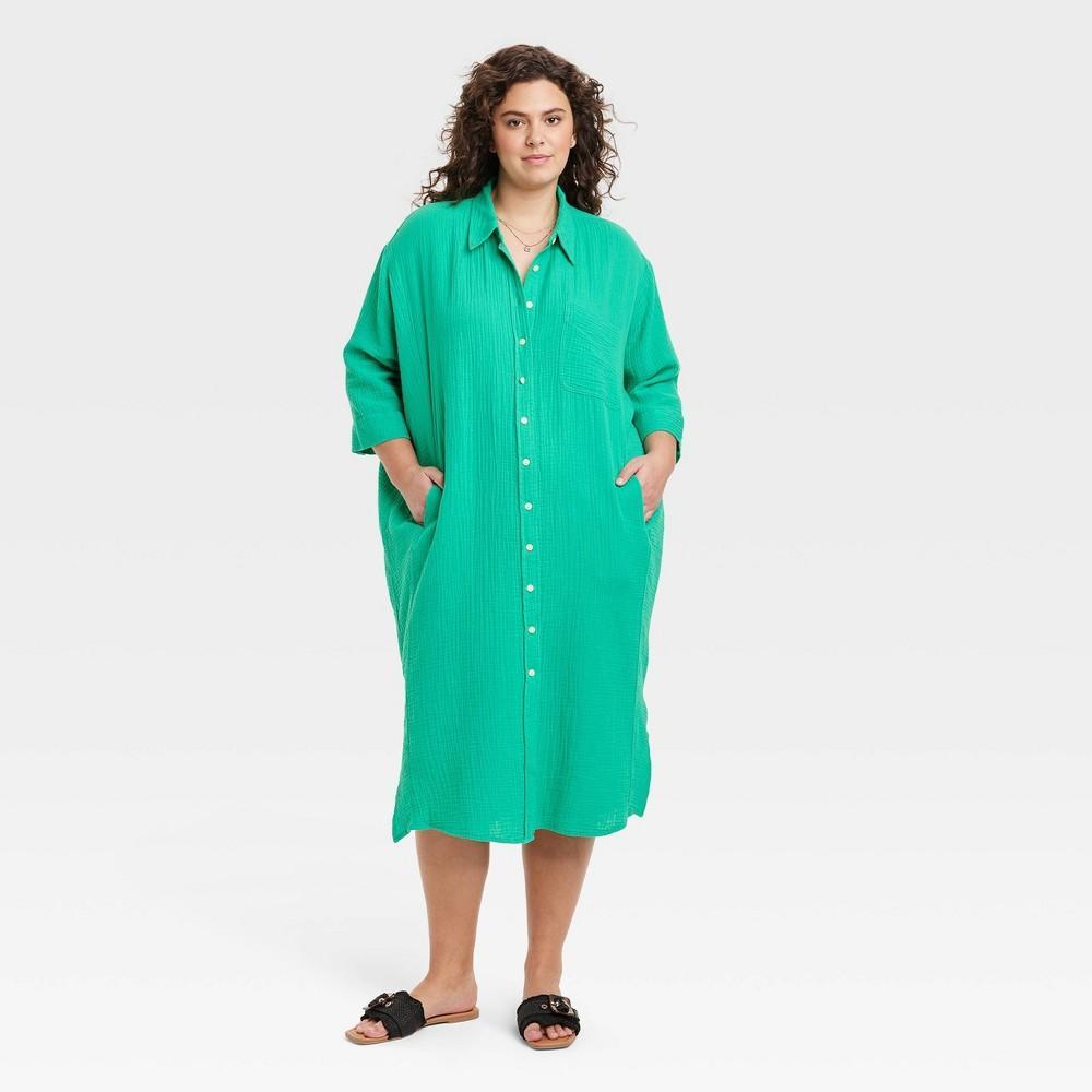 Womens 3/4 Sleeve Midi Shirtdress - Universal Thread XXL: Linen Blend, Collared, Front Button Down, Seam Pocket Product Image