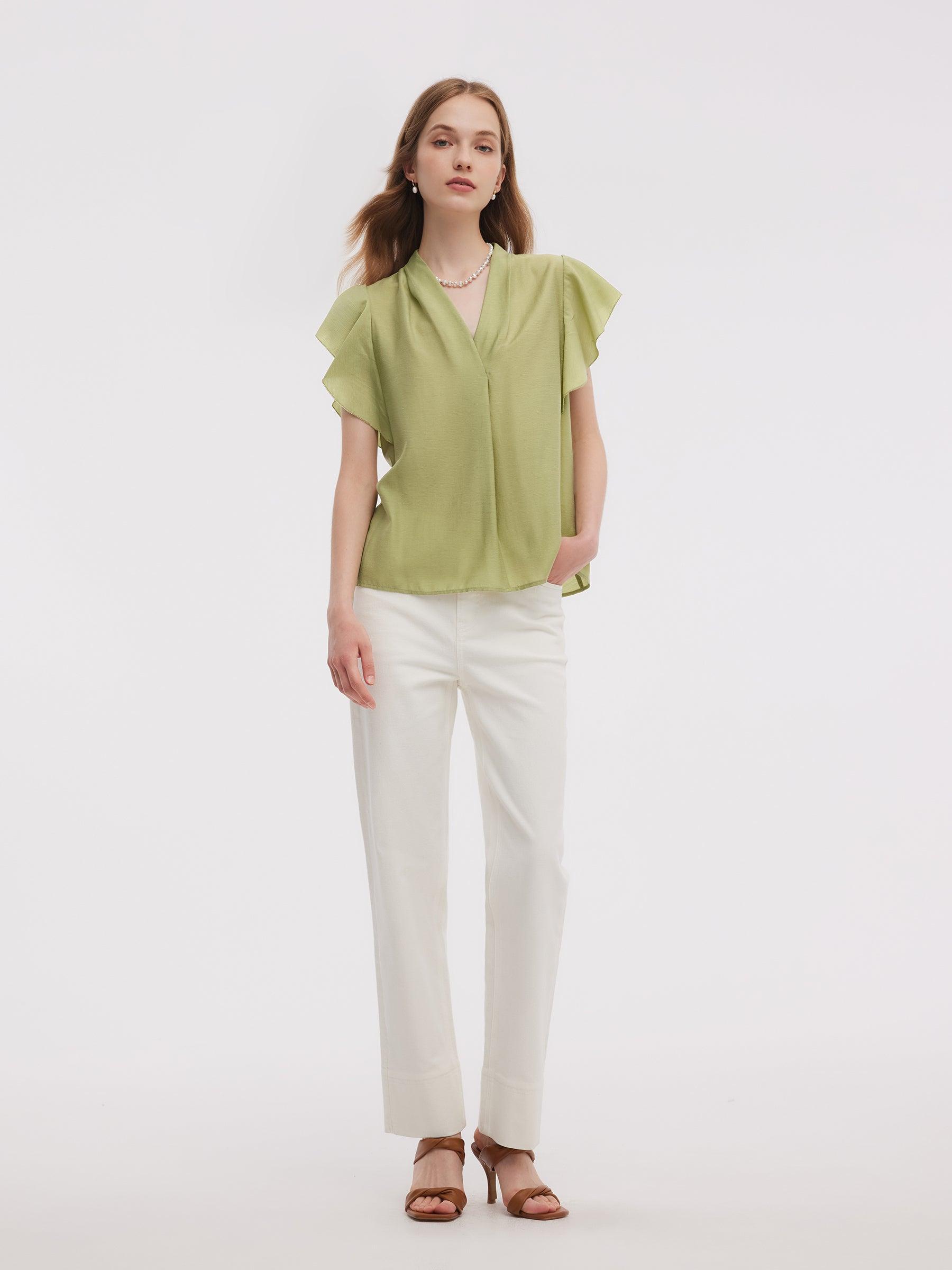 Acetate Blend V-Neck Women Ruffle Sleeve Blouse Product Image