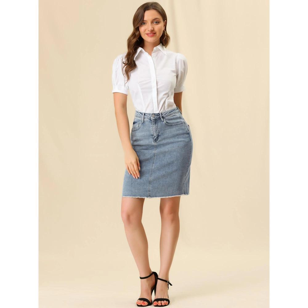 INSPIRE CHIC Women's Basic Distressed High Waist Ripped Hem Washed Jeans Skirt Product Image