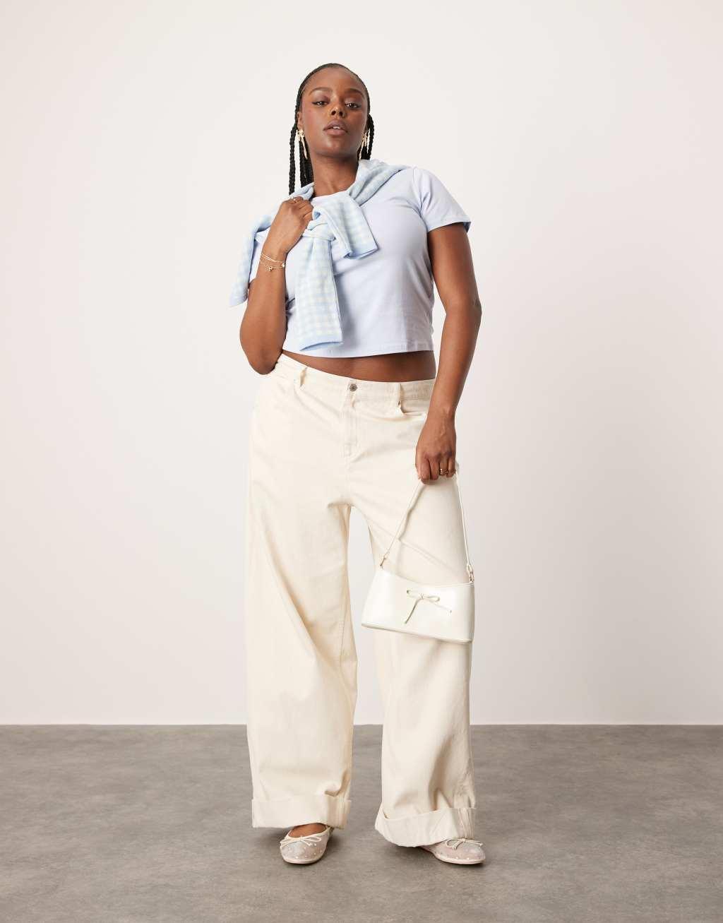 ASOS DESIGN Curve loose jeans with deep turn up cuff in neutral Product Image